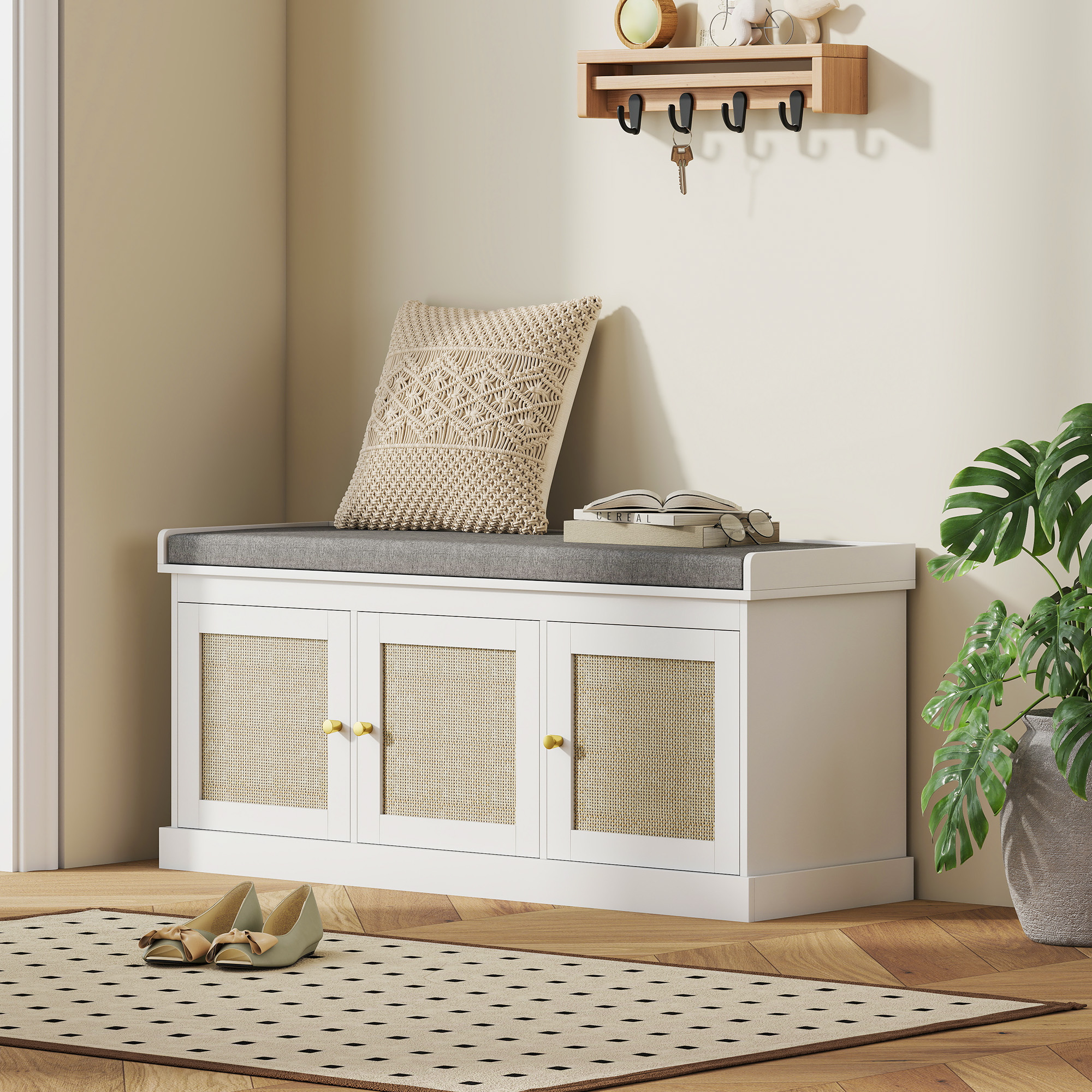Shoe Storage Bench with Woven Rattan Doors, Shoe Bench with Cushion, Adjustable Shelves, Entryway Bench, White - Image 6
