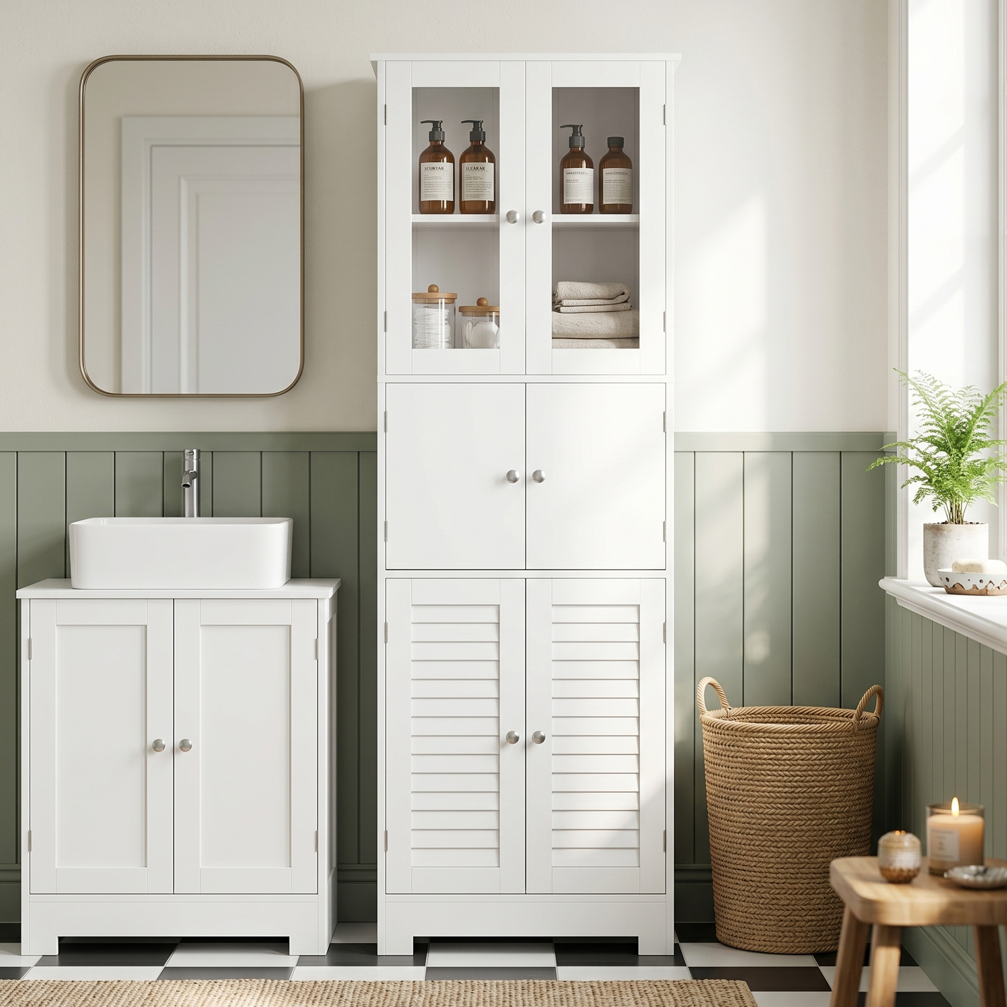 Freestanding Bathroom Cabinet with Glass/Louvred Doors, Tall Bathroom Cabinet for Kitchen, Study, Living Room - Image 6