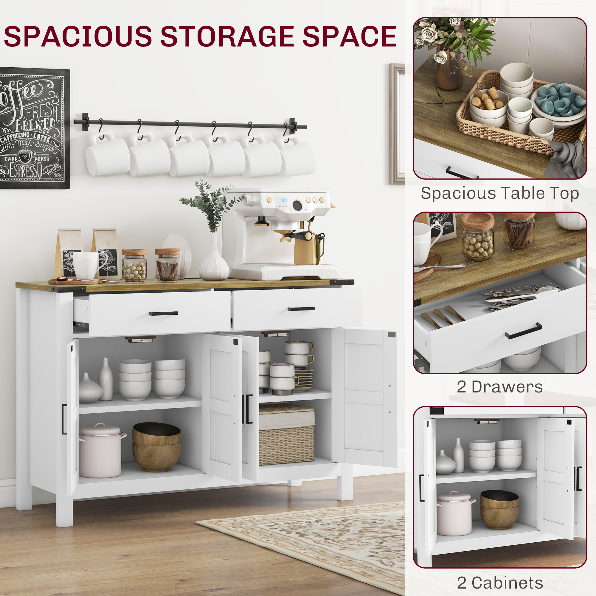 Sideboard Buffet Cabinet, Farmhouse Kitchen Storage Cabinet w/ 2 Drawers and Shelves for Living Room, Entryway - Image 2