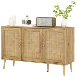 Bohemian Sideboard with Rattan Doors & Adjustable Shelf, Natural Wood Finish