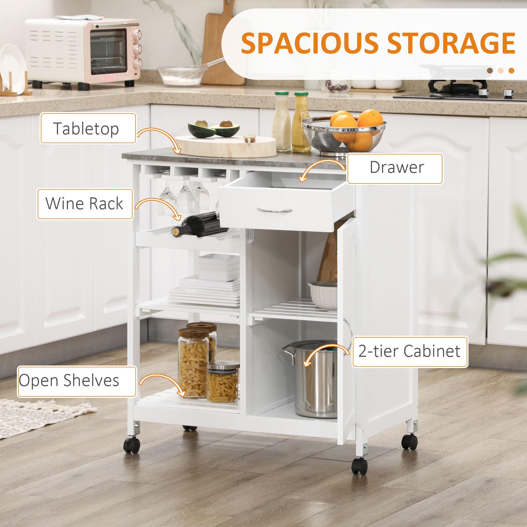 Rolling Kitchen Cart, Bar Cart on Wheels with Wine Rack, Drawer, Open Shelves, Cabinet and Faux Marble Top, Kitchen Island with Storage, White - Image 4