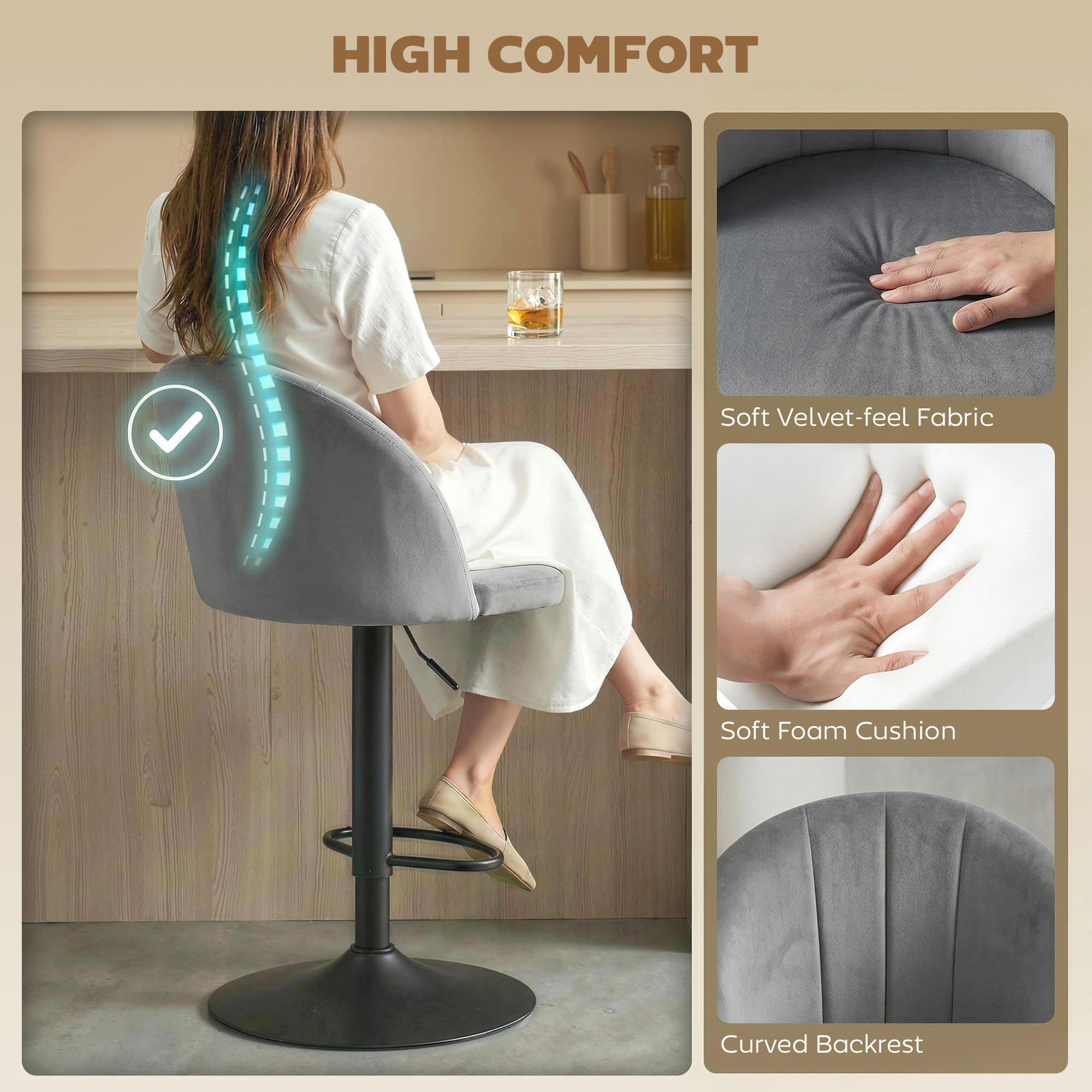 Bar Stools Set of 2, Swivel Counter Height Barstools with Footrest, Grey - Image 2