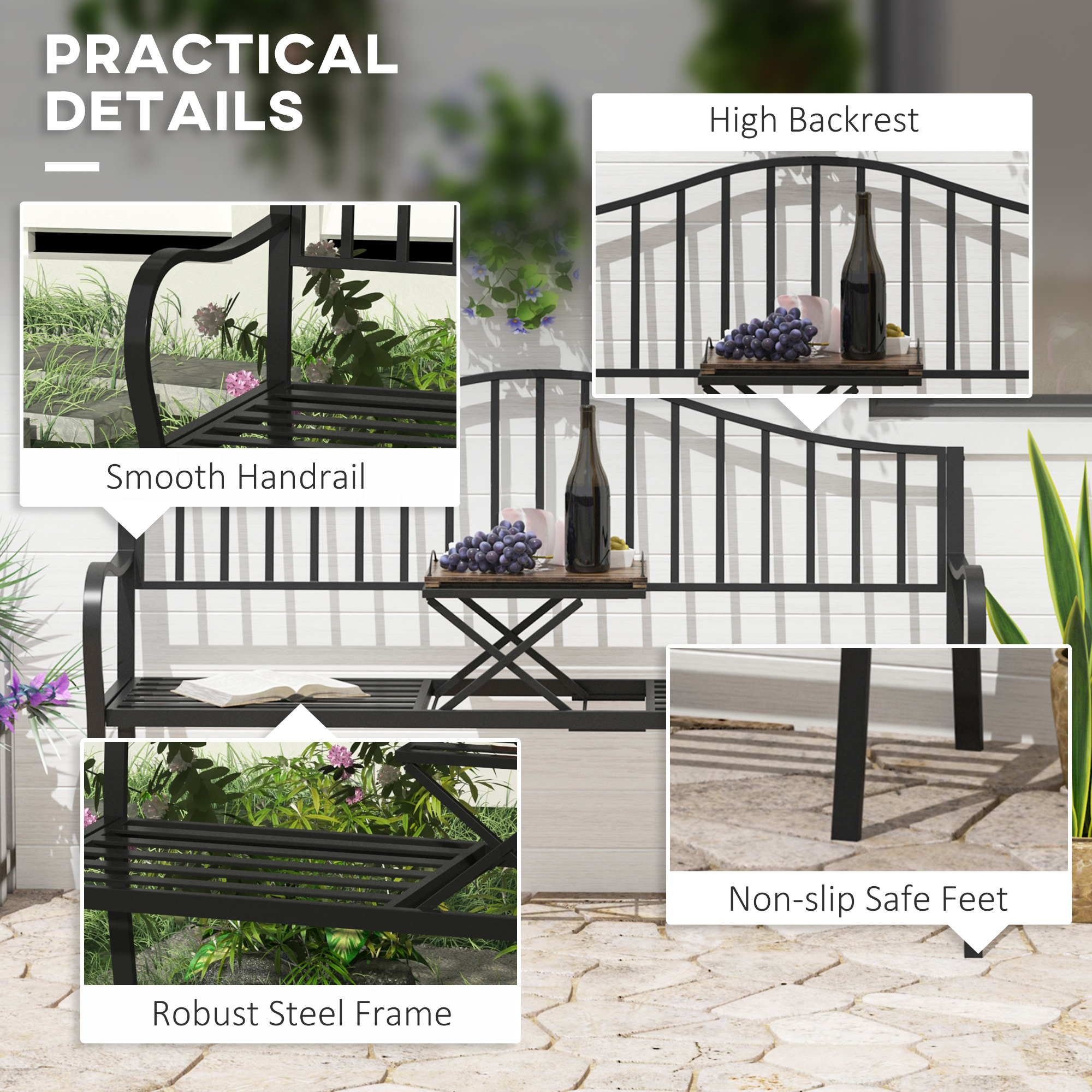 Outdoor Bench with Retractable Middle Table, Metal Frame Patio Loveseat with Slatted Seat and Backrest, Curved Armrests, Black - Image 3
