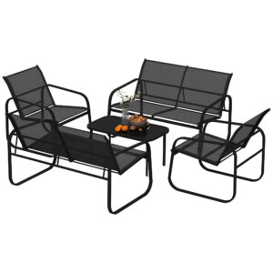 5-Piece Patio Furniture Set, Outdoor Conversation Set with 2 Loveseats, 2 Armchairs, Glass-Top Table, Black
