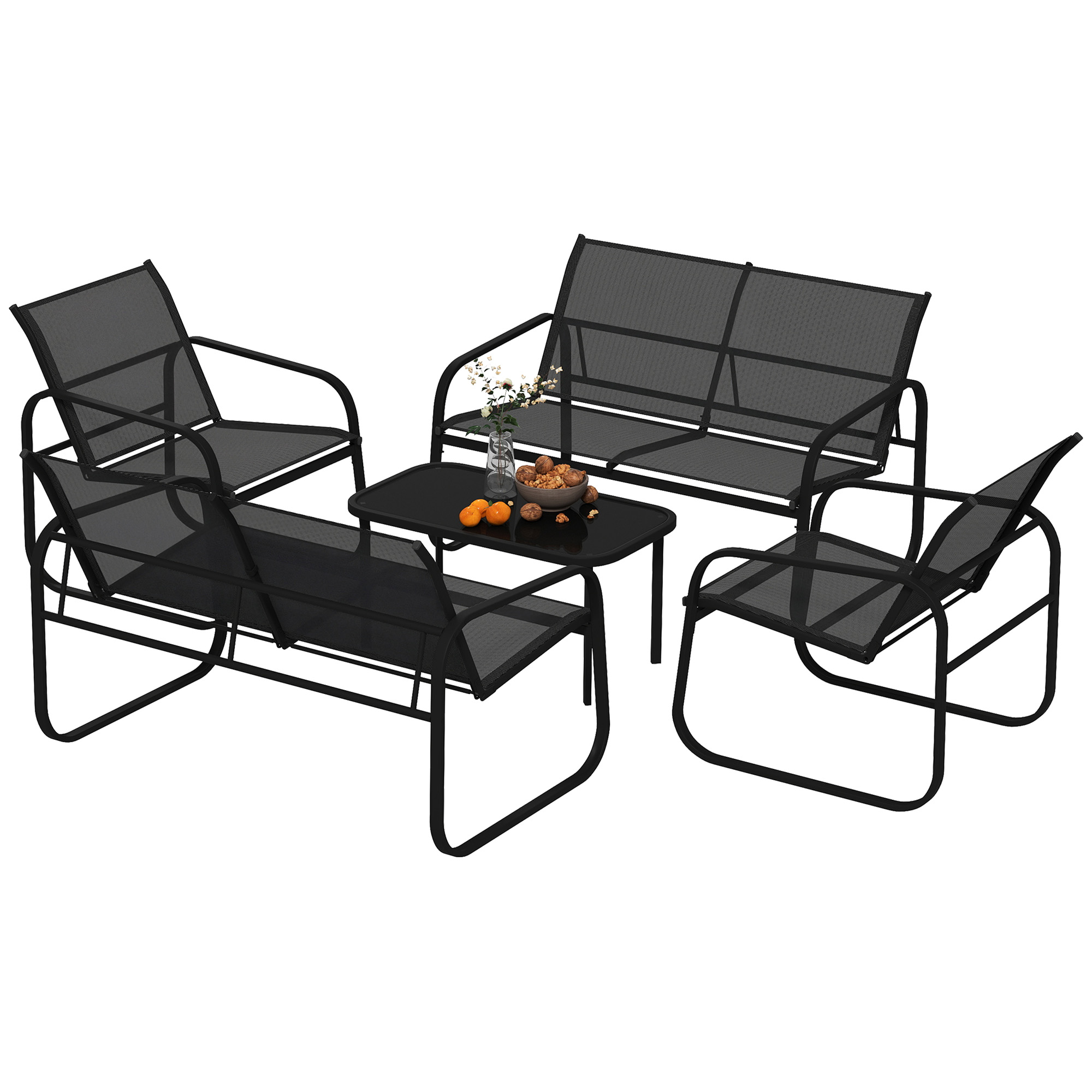 5-Piece Patio Furniture Set, Outdoor Conversation Set with 2 Loveseats, 2 Armchairs, Glass-Top Table, Black