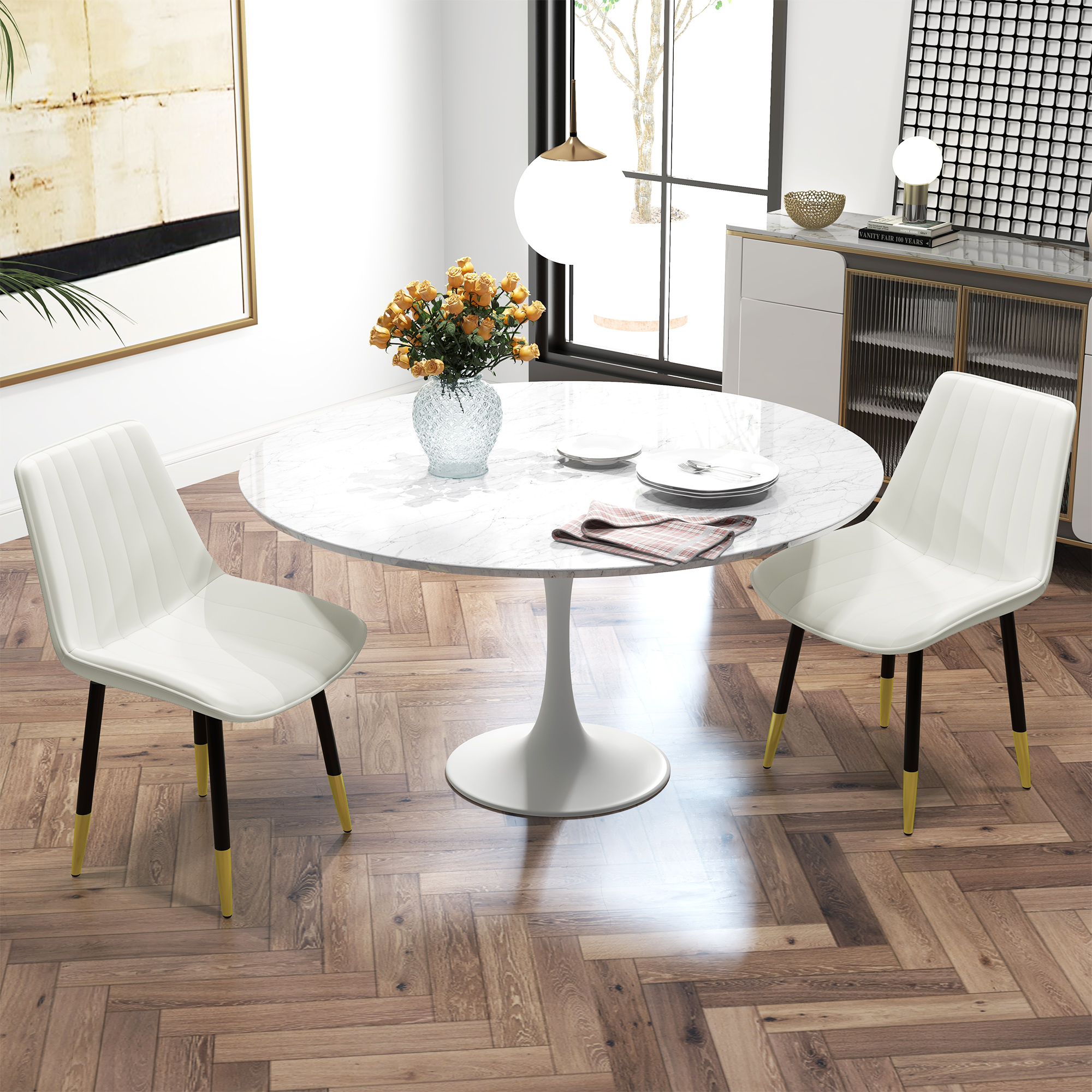 Dining Chairs Set of 2, Modern Kitchen Chair with PU Leather Upholstery and Steel Legs for Living Room, Bedroom, Cream - Image 6