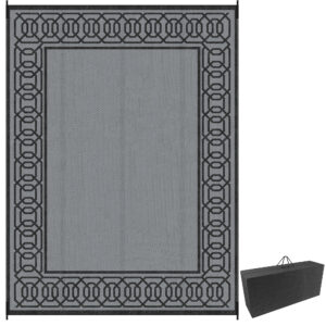 Portable Outdoor Rug with Carrying Bag, 9' x 12' Reversible Mat, Waterproof Plastic Straw RV Rug for Backyard, Deck, Picnic, Beach, Camping, Black and Grey