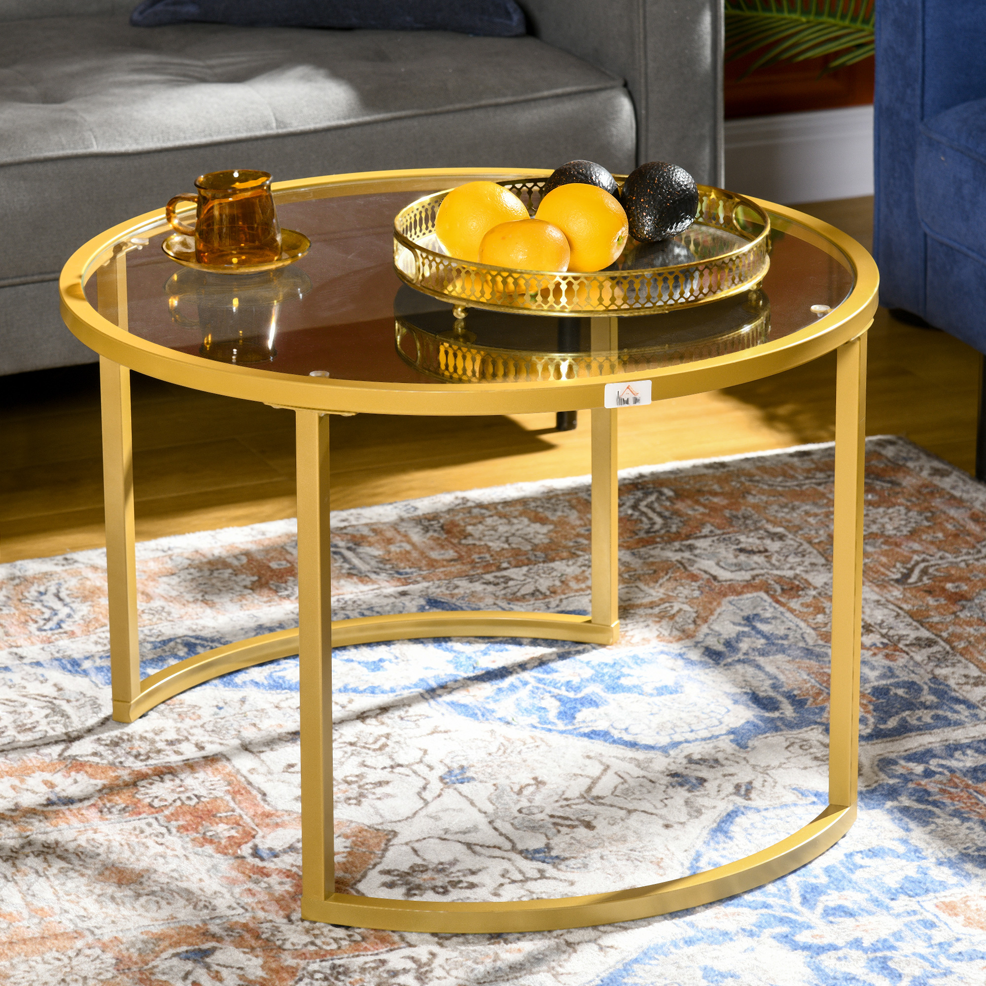 Round Coffee Table Set of 2, Modern Nesting Tables with Tempered Glass Top and Steel Frame for Living Room, Gold - Image 6