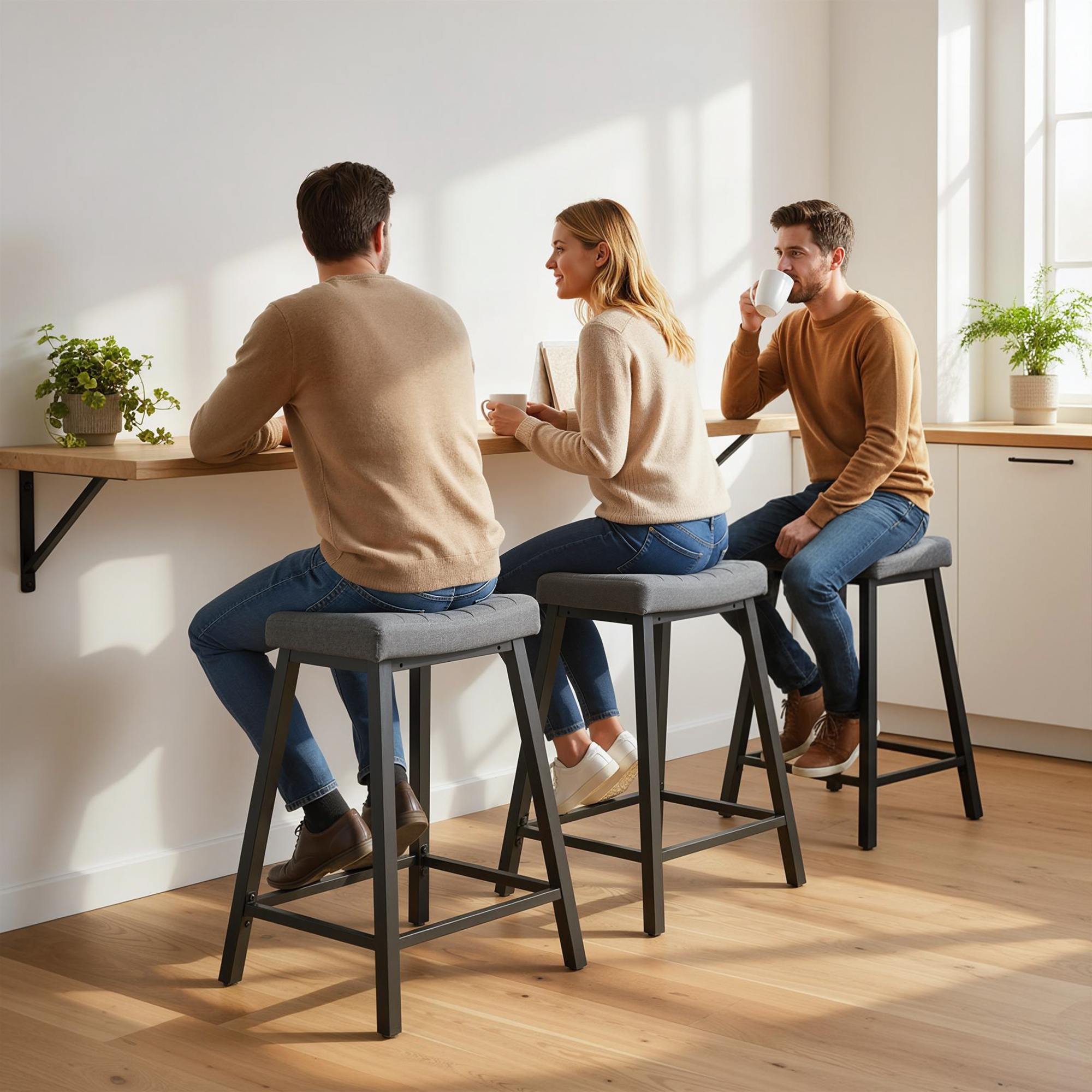 Set of 3 Bar Stools, Velvet Upholstered Counter Stools with Curved Seat and Footrest for Kitchen Island, Grey - Image 5