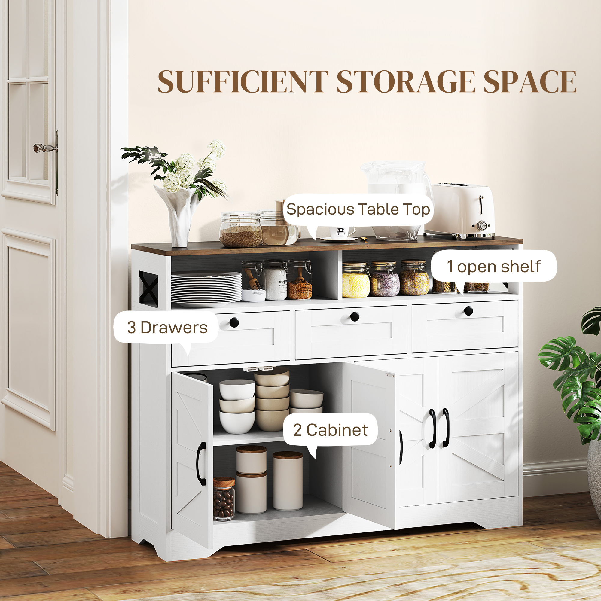 Sideboard, Buffet Cabinet with 4 Barn Doors and 3 Drawers, Coffee Bar Cabinet with Adjustable Shelves, White - Image 2