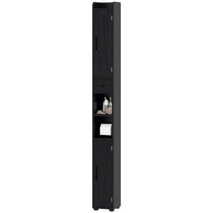 Narrow Bathroom Cabinet, Tall Bathroom Storage Cabinet with Barn Doors, Drawer and Adjustable Shelves, Black Wood Grain