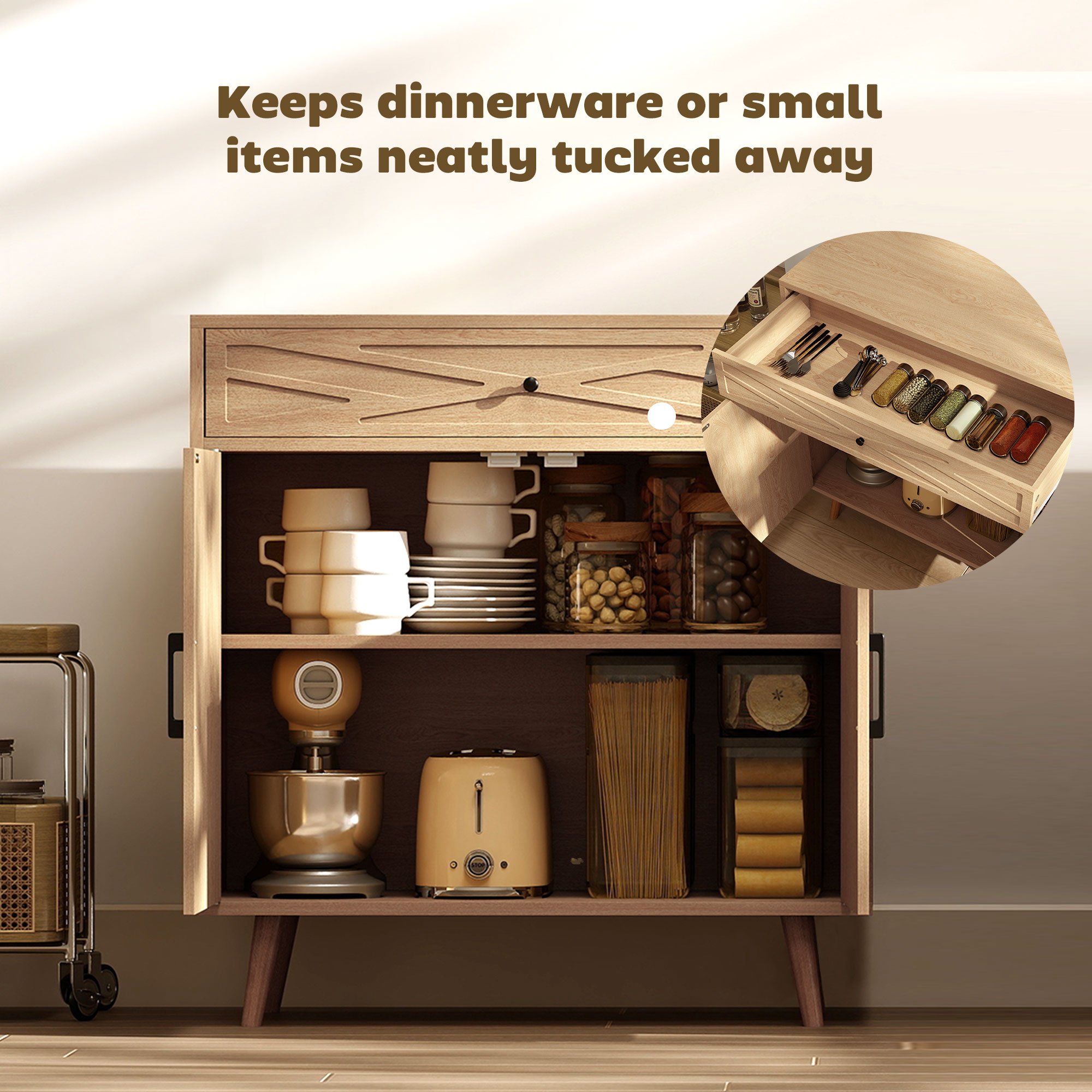 30" Sideboard with Patterned Doors, Buffet Cabinet with Drawer and Cabinet for Dining Room, Oak - Image 2