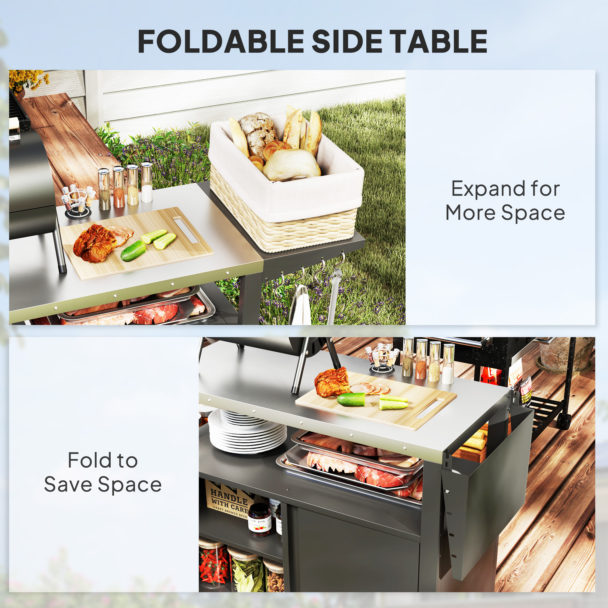 Outdoor Grill Cart with Foldable Side Table, Stainless Steel Tabletop, Pizza Oven Stand with Storage Rack, Wheels - Image 3