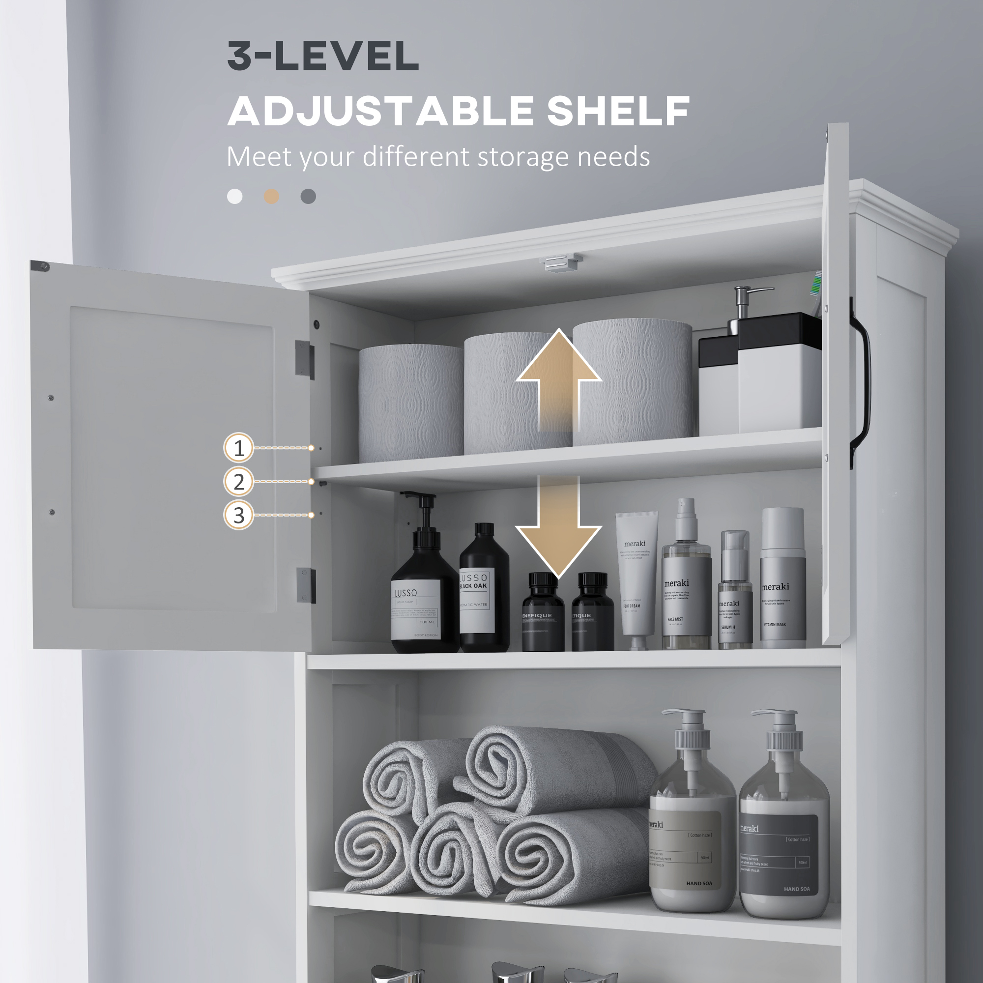 Modern Over The Toilet Storage, Bathroom Cabinets Over Toilet with Open Shelves and Double Door Cabinet, White - Image 4