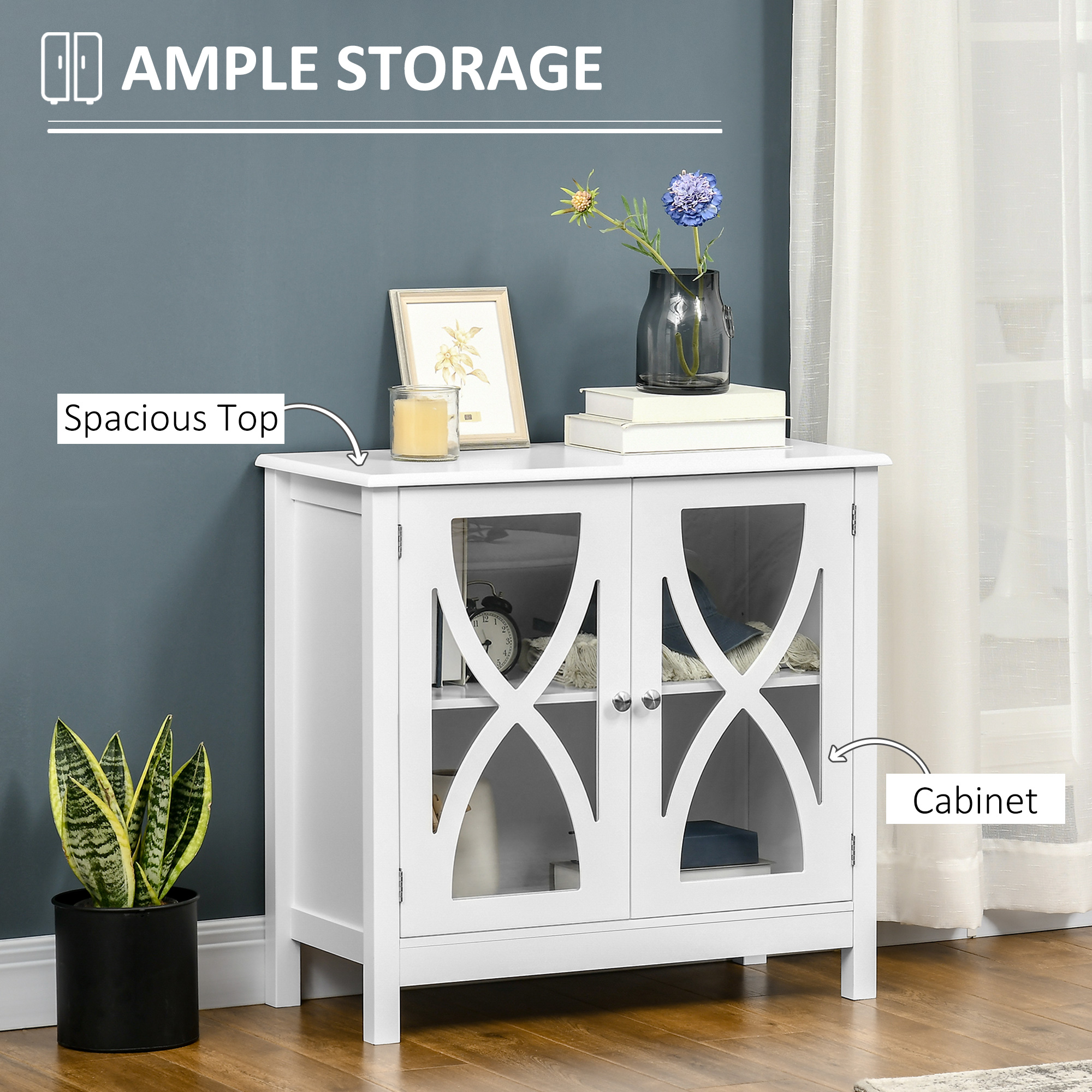 Kitchen Sideboard, Glass Door Buffet Cabinet, Bathroom Storage Cabinet with Adjustable Storage Shelf for Dining Room, Living Room, White - Image 2