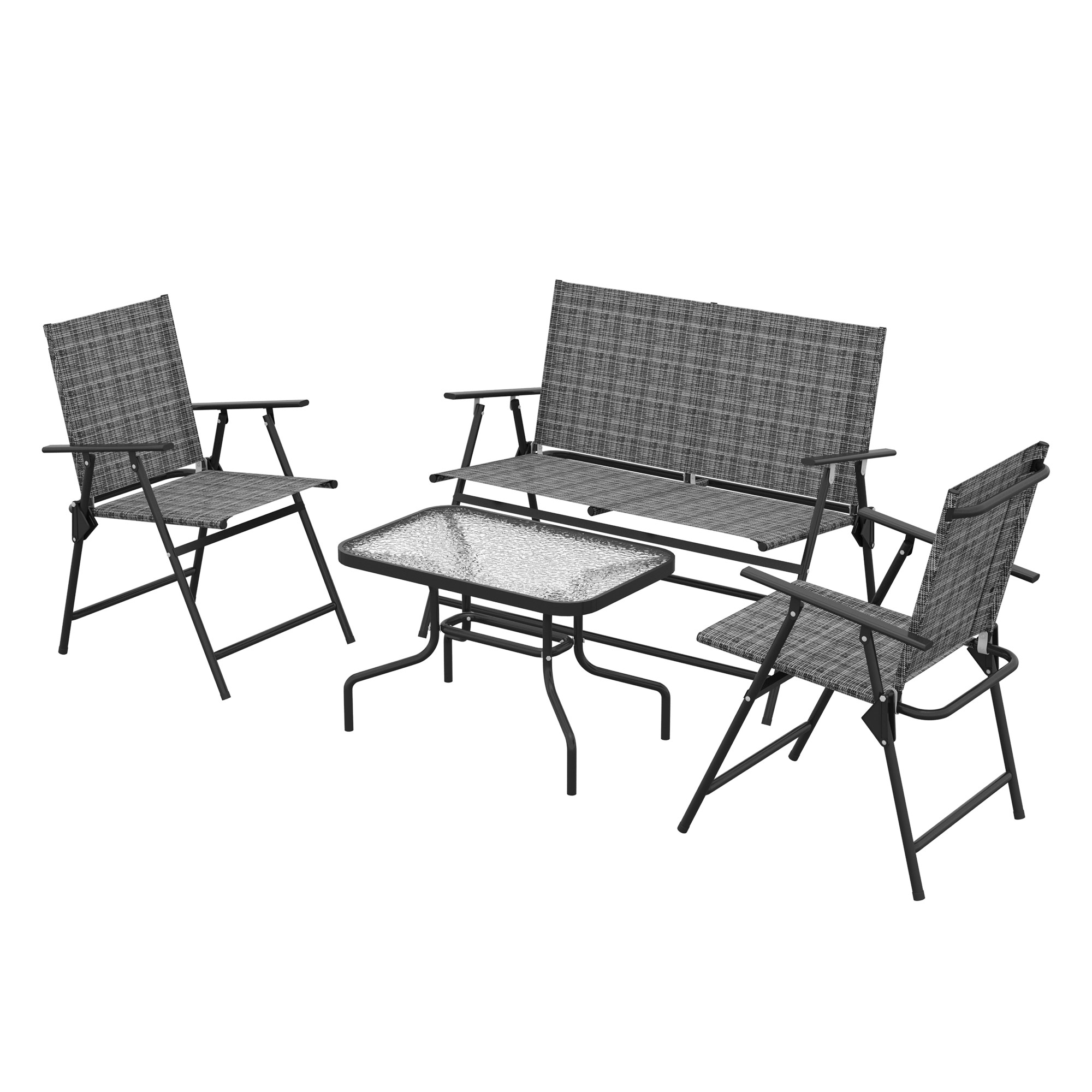 Outdoor 4 Pieces Patio Furniture Set, Garden Set with Two Foldable Armchairs, a Loveseat & Glass Top Table, Mixed Grey