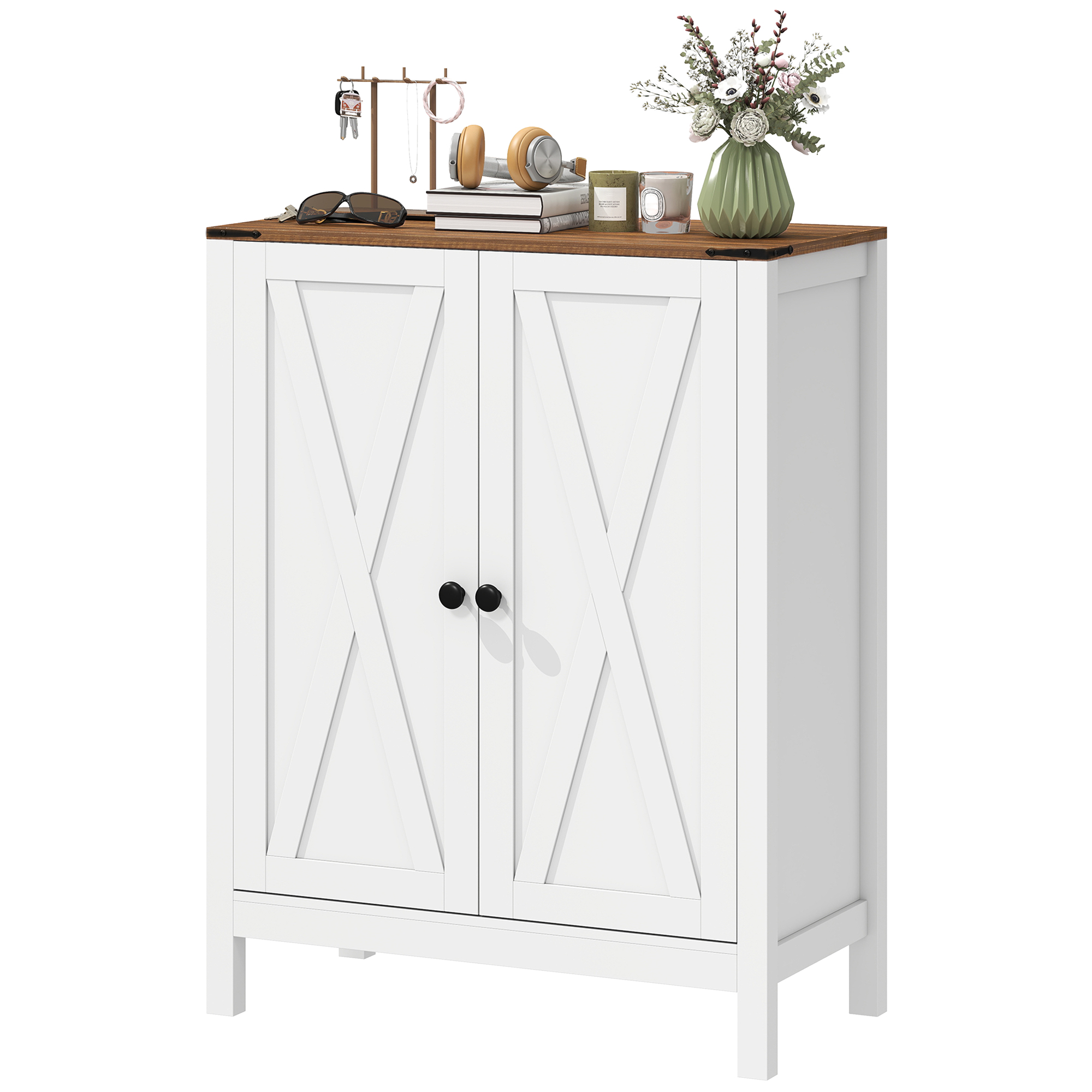 Shoe Cabinet with Barn Doors, Farmhouse Shoe Storage Cabinet with Adjustable Shelves, Holds up to 15 Pairs, White
