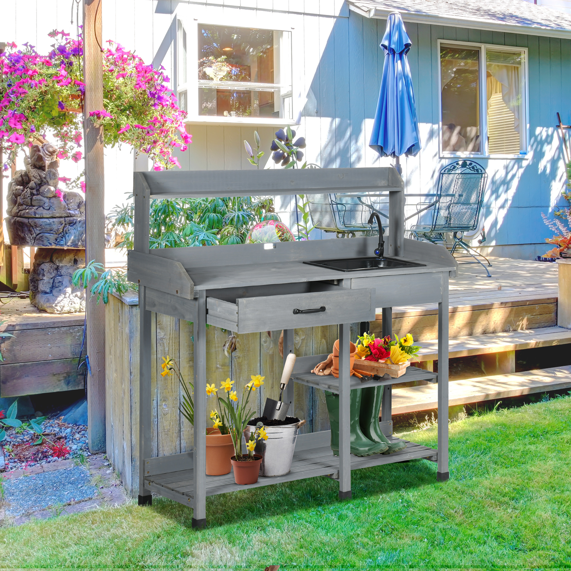 Potting Bench Table Garden Work Bench Workstation with Drawer, Removable Sink and Hooks, 45.3" x 17.7" x 48.4", Grey - Image 6