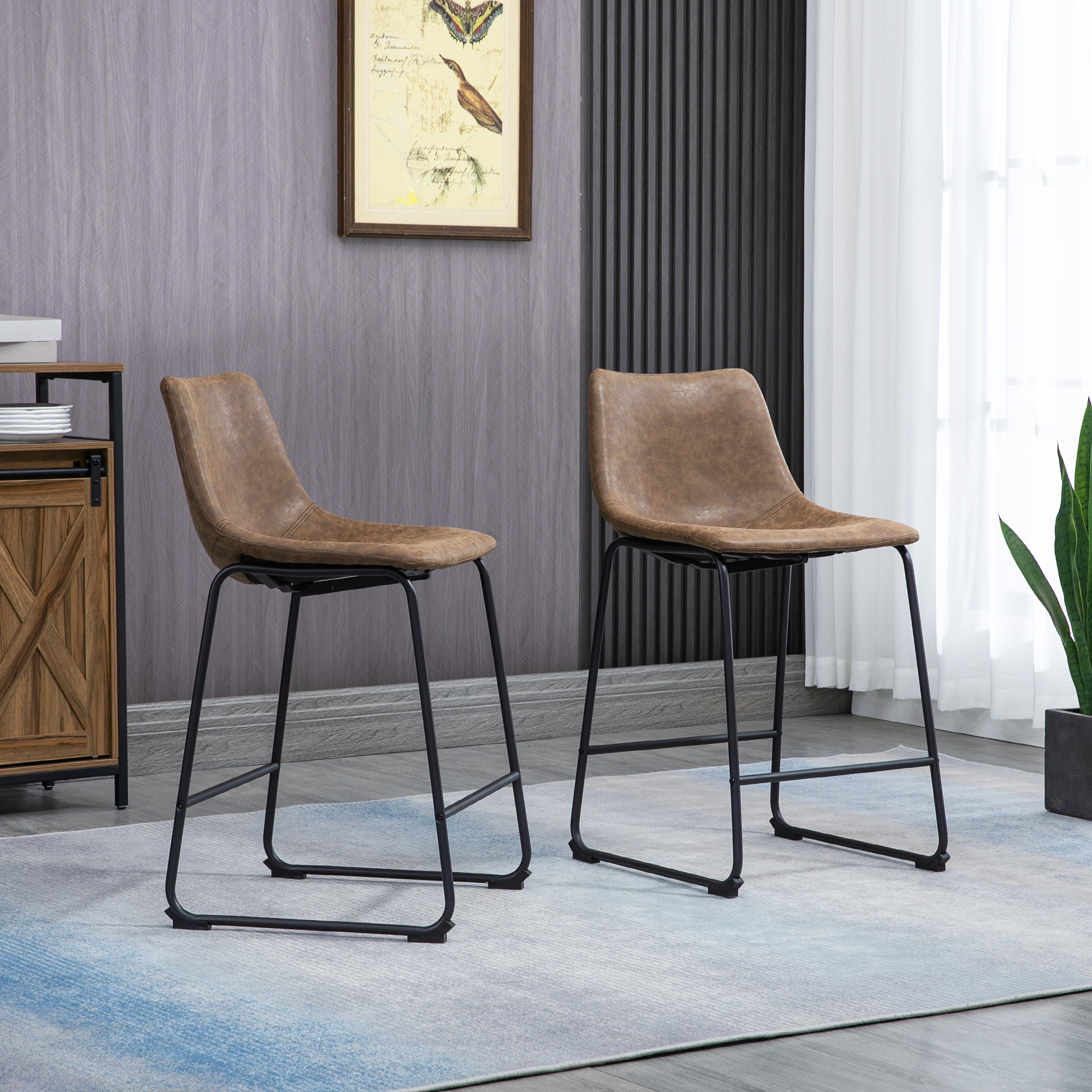 Counter Height Bar Stools Set of 2, Vintage PU Leather Bar Chairs, Kitchen Stools w/ Footrest for Home Bar, Brown - Image 6