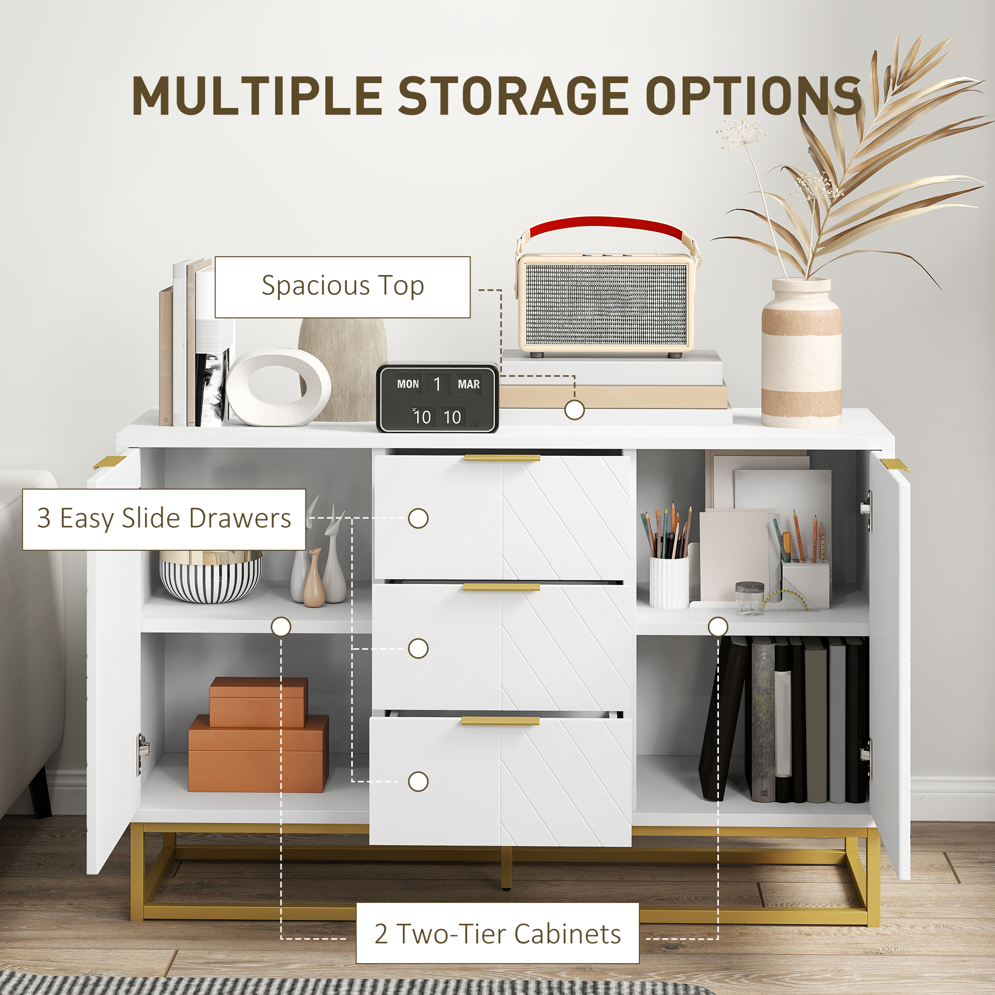 47" Storage Cabinet with Doors, Adjustable Shelves, 3 Drawers, Metal Legs for Kitchen Storage, Home Use, White - Image 3