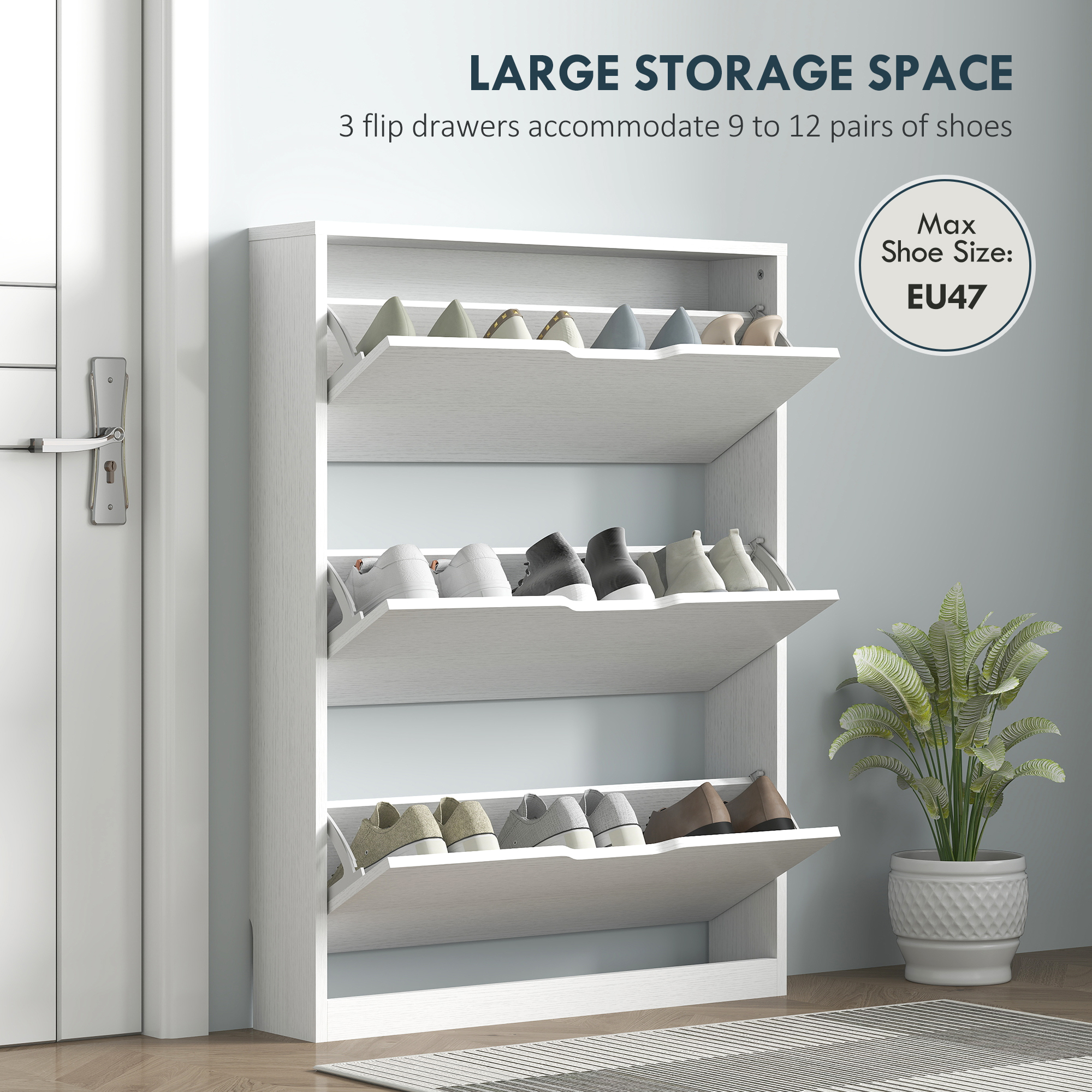 Narrow Shoe Storage Cabinet, Shoe Cabinet with 3 Flip Drawers, 31.5" W x 6.7" D x 42.5" H, White - Image 2