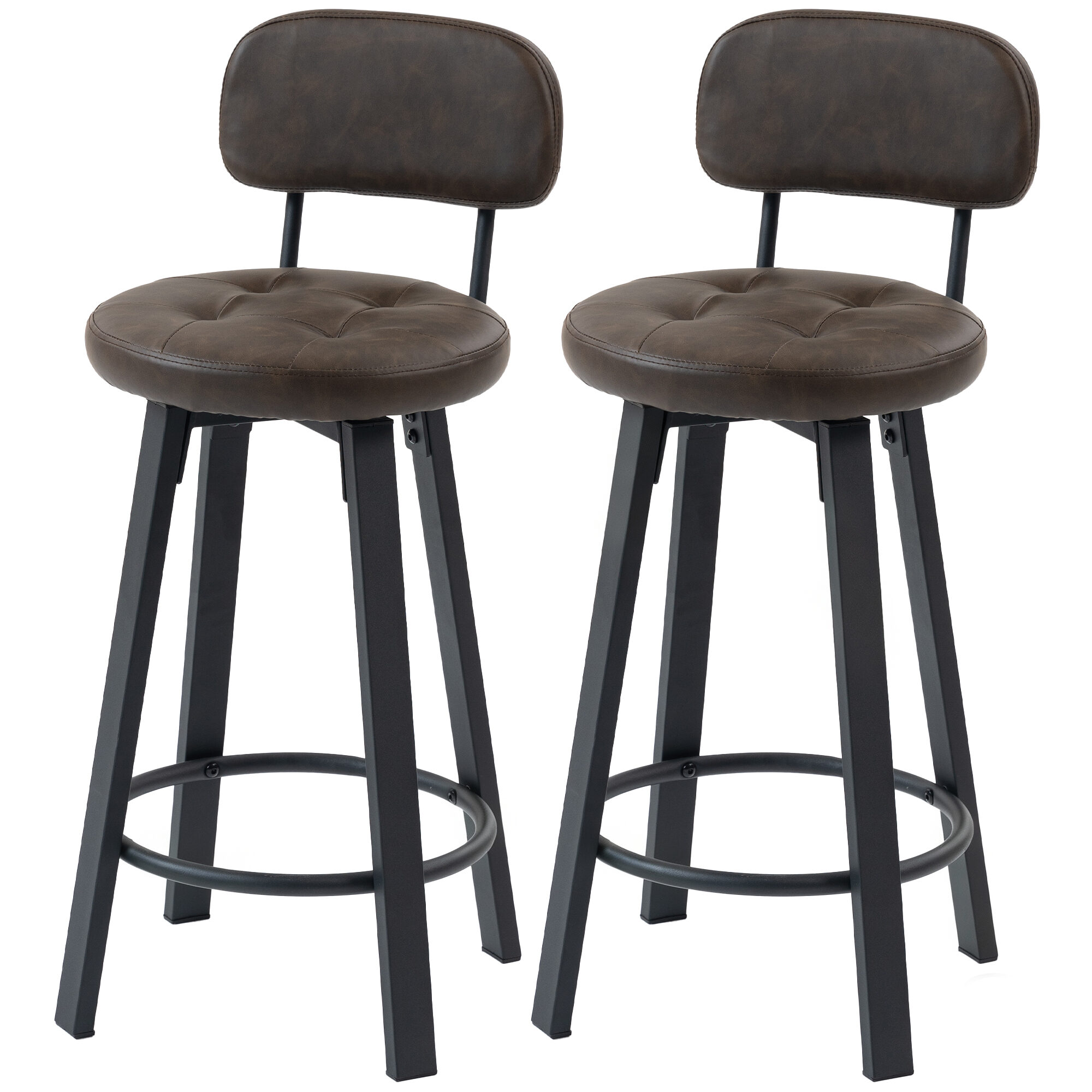 Bar Stools Set of 2, Upholstered Breakfast Bar Chairs with Footrest and Backrest for Kitchen Counter, Brown