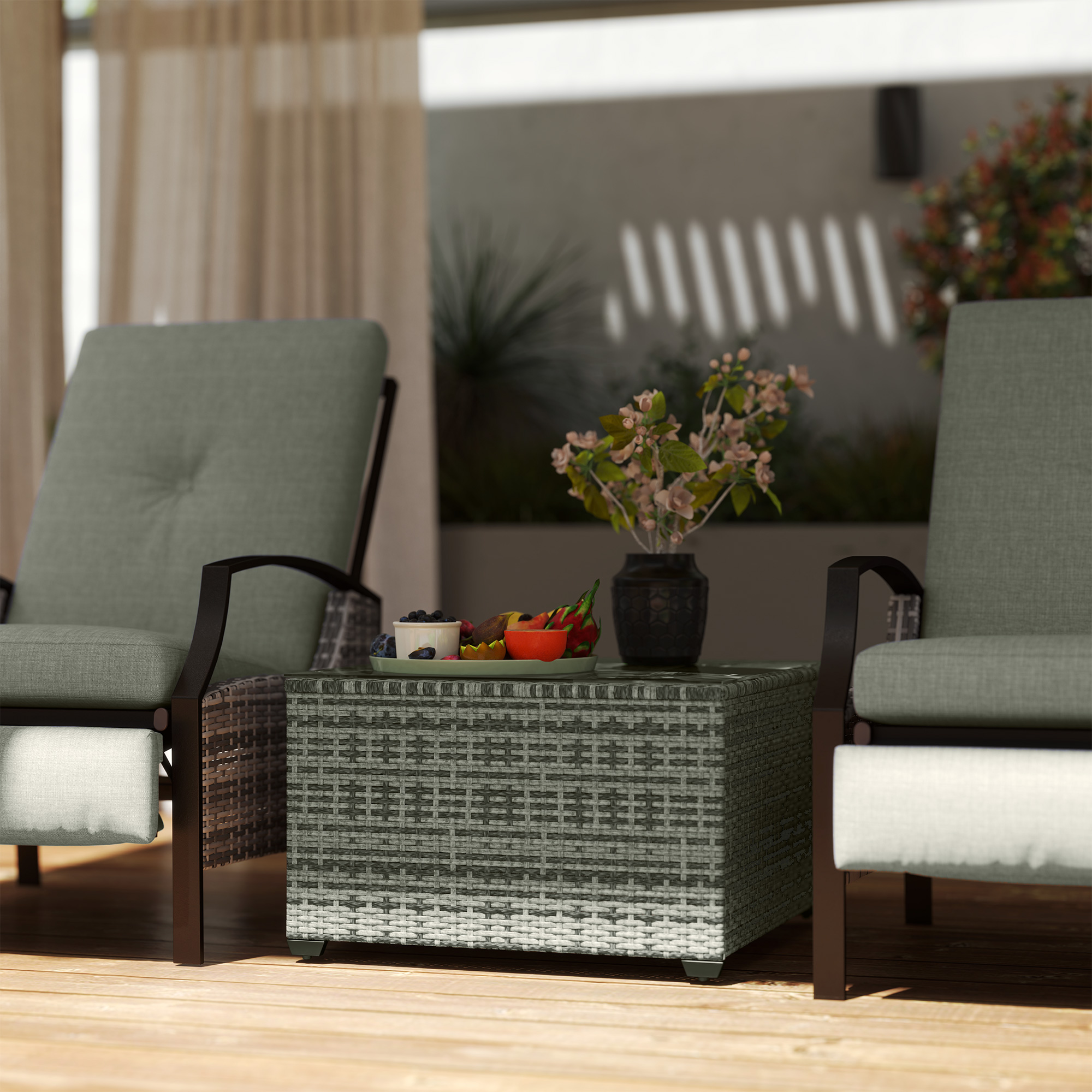 24.4" Patio Wicker Coffee Table, PE Rattan Outdoor Side Table with Tempered Glass Top, Light Grey - Image 6