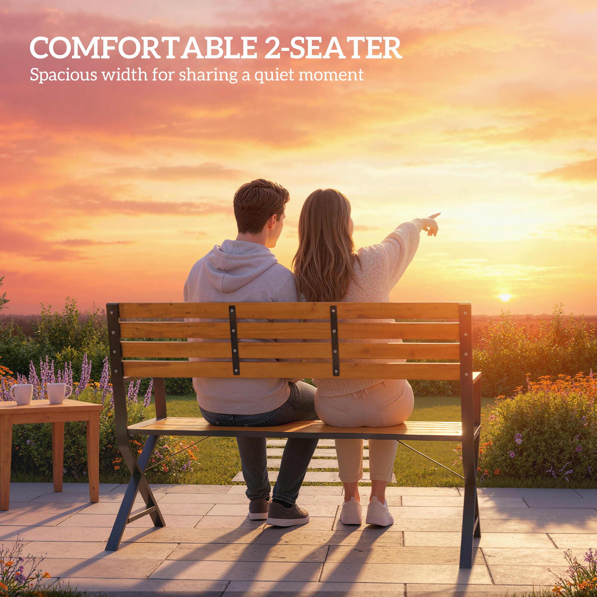 Outdoor Garden Bench, Patio Bench with Backrest and Armrests, 2-Person Garden Seating - Image 4