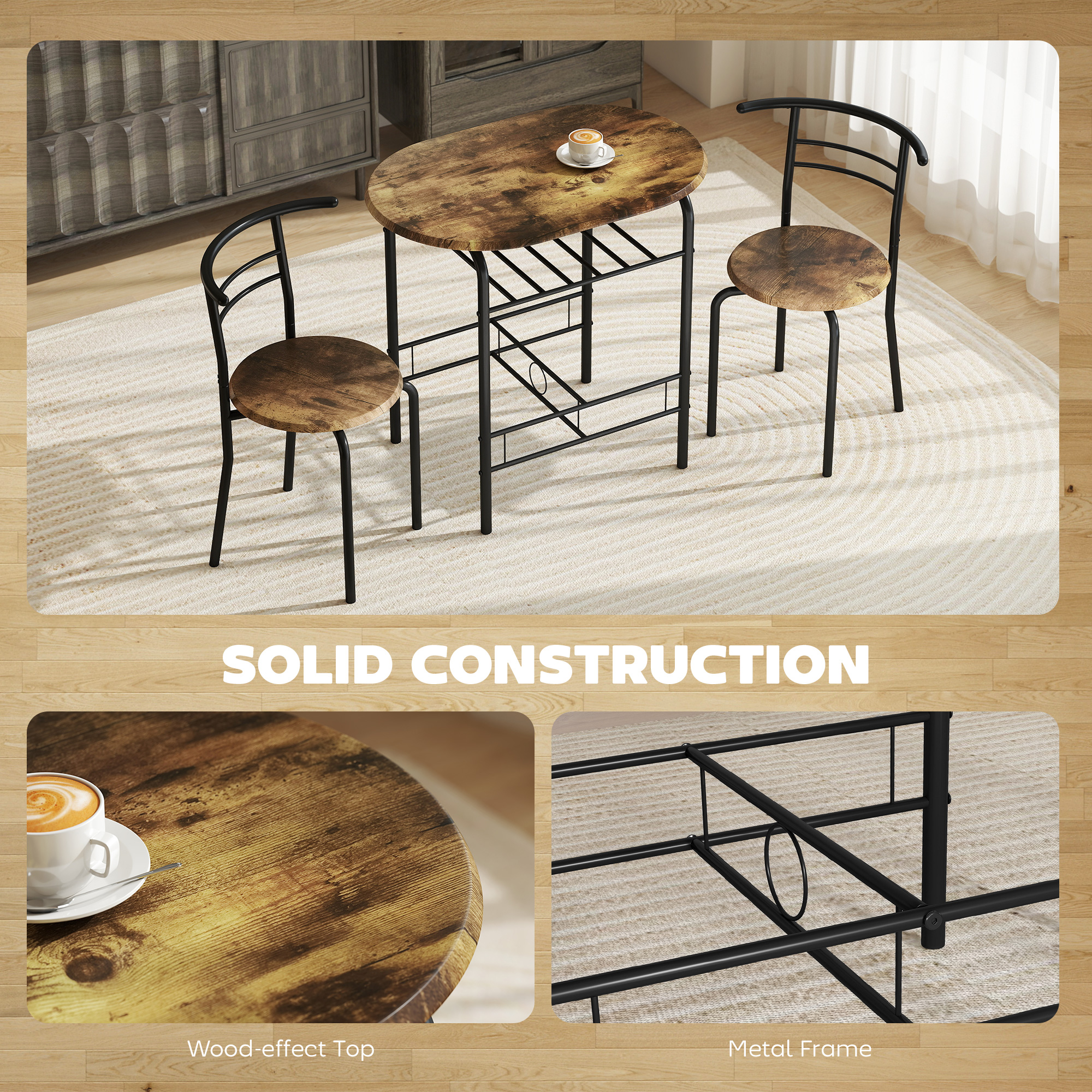Dining Table Set of 3, Kitchen Table and Chairs Set for 2 with Shelf, Living Room Rustic Brown - Image 4
