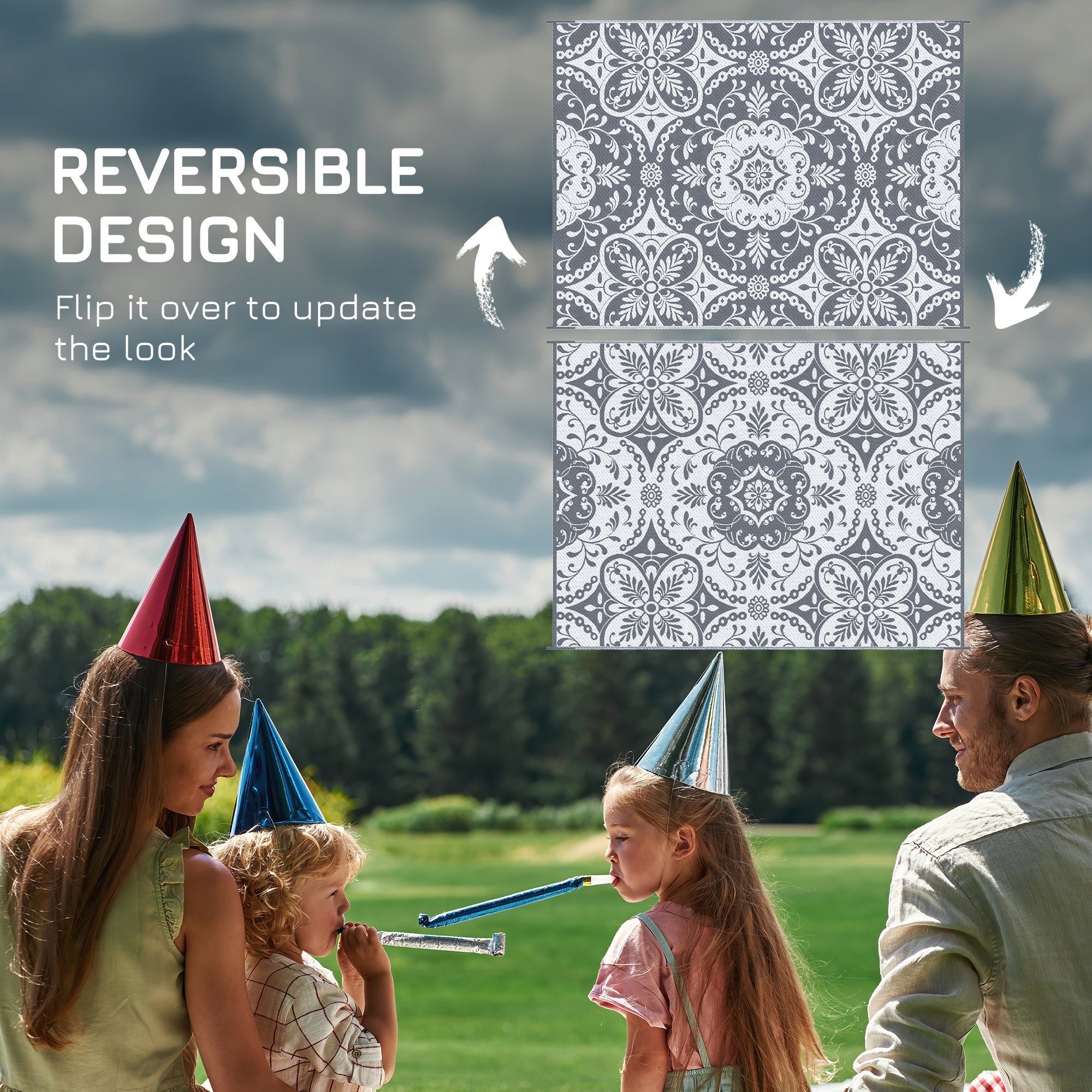 Portable Outdoor Rug with Carry Bag, 9' x 12' Reversible Mat, Waterproof Plastic Straw RV Rug for Backyard, Deck, Picnic, Beach, Camping, Gray & White Flower - Image 5
