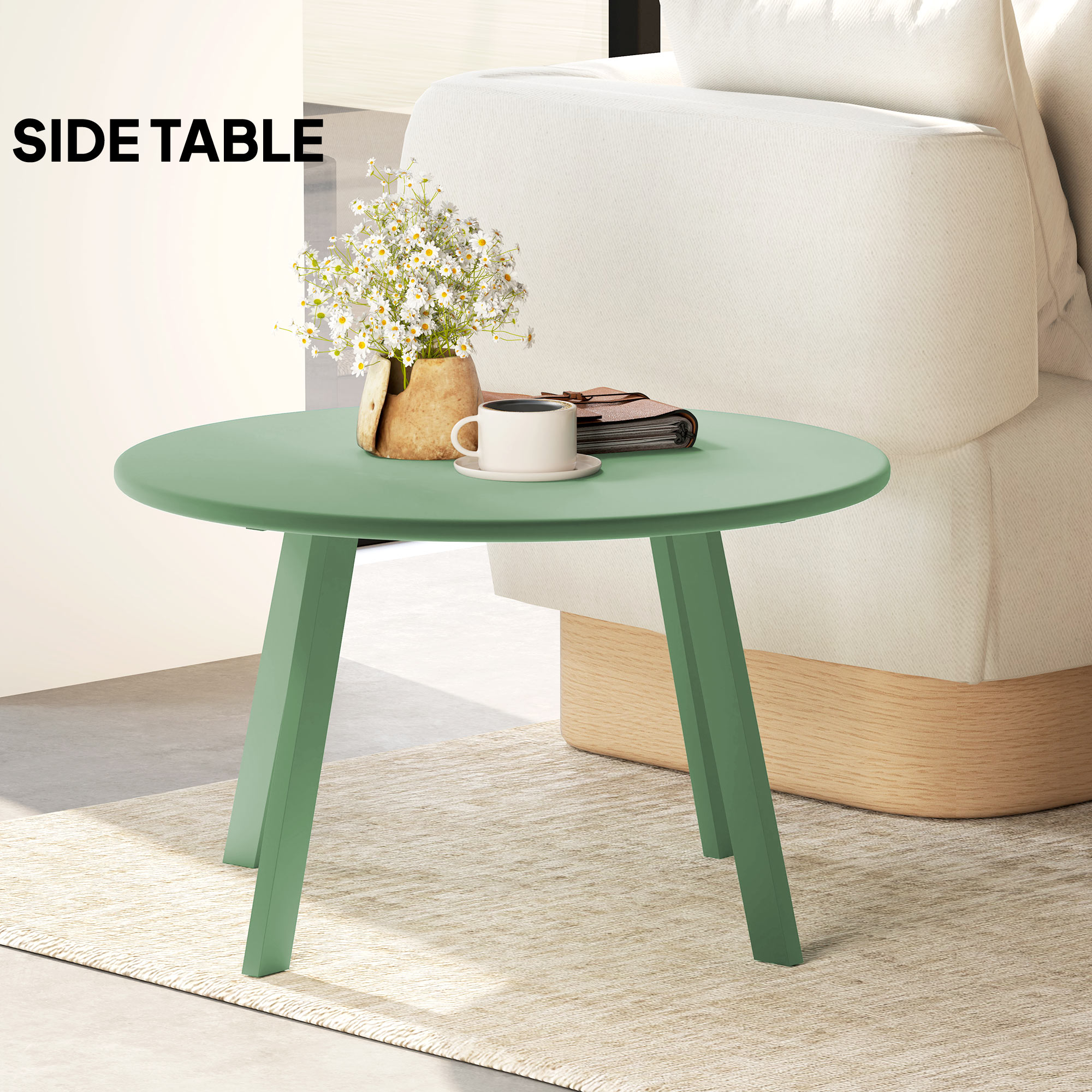 Round Outdoor Side Table, Patio Coffee Table with Metal Frame and Non-Slip Foot Pads, Green - Image 5