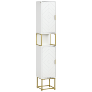 Tall Bathroom Storage Cabinet, Modern Narrow Bathroom Cabinet with Diamond Chevron Pattern and Adjustable Shelf, White