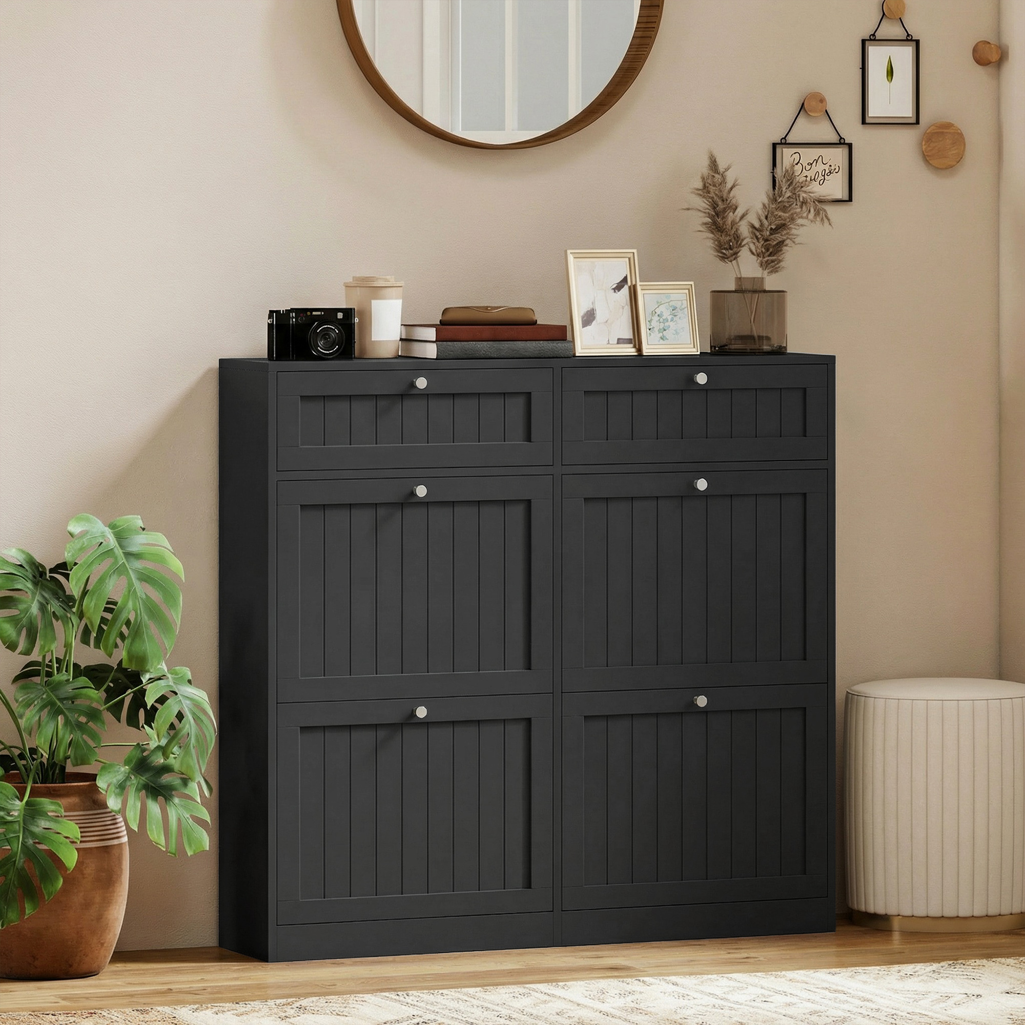 Shoe Cabinet with 2 Large Flip Drawers, Farmhouse Narrow Shoe Storage Cabinet with 2 Top Compartments, Black - Image 6