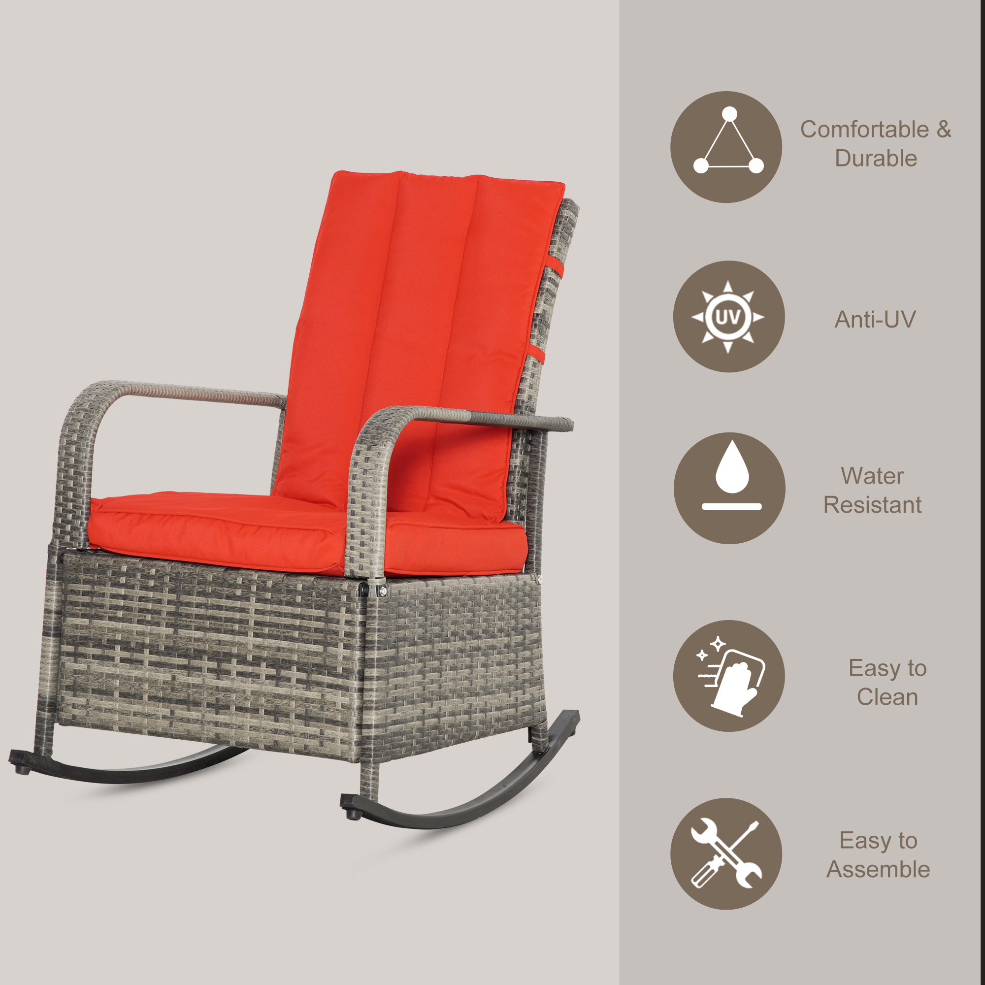 Outdoor Wicker Rocking Chair with Cushion, Patio PE Rattan Recliner Chair with Adjustable Footrest, Armrests, Red - Image 2