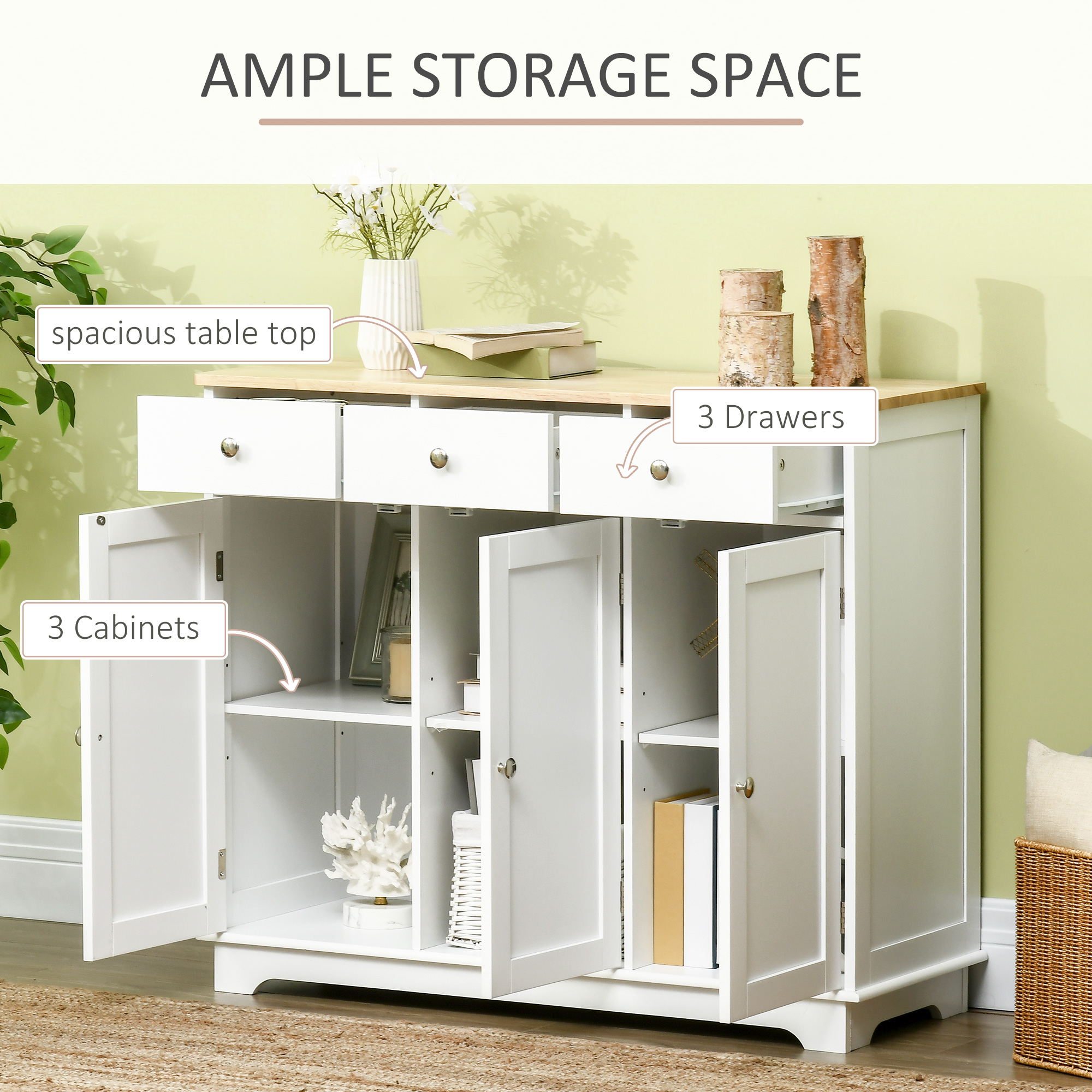 Modern Sideboard, Buffet Cabinet with Storage Cabinets, Drawers and Adjustable Shelves for Living Room, White - Image 2