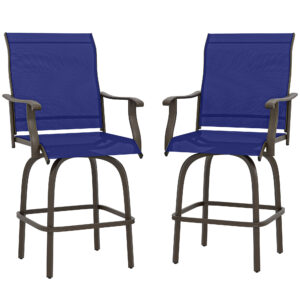 Outdoor Bar Stools Set of 2, Swivel Bar Height Chairs with High Back, Curved Armrests and Steel Frame, Navy Blue