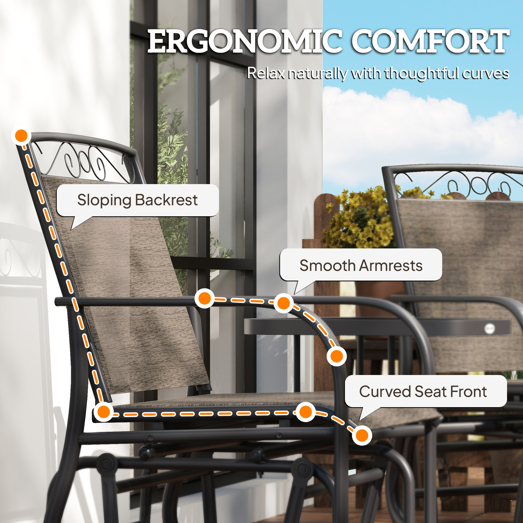 Outdoor Glider Bench with Coffee Table, Patio 2-Seat Rocking Chair Swing Loveseat with Breathable Sling for Backyard Garden Porch, Brown - Image 5