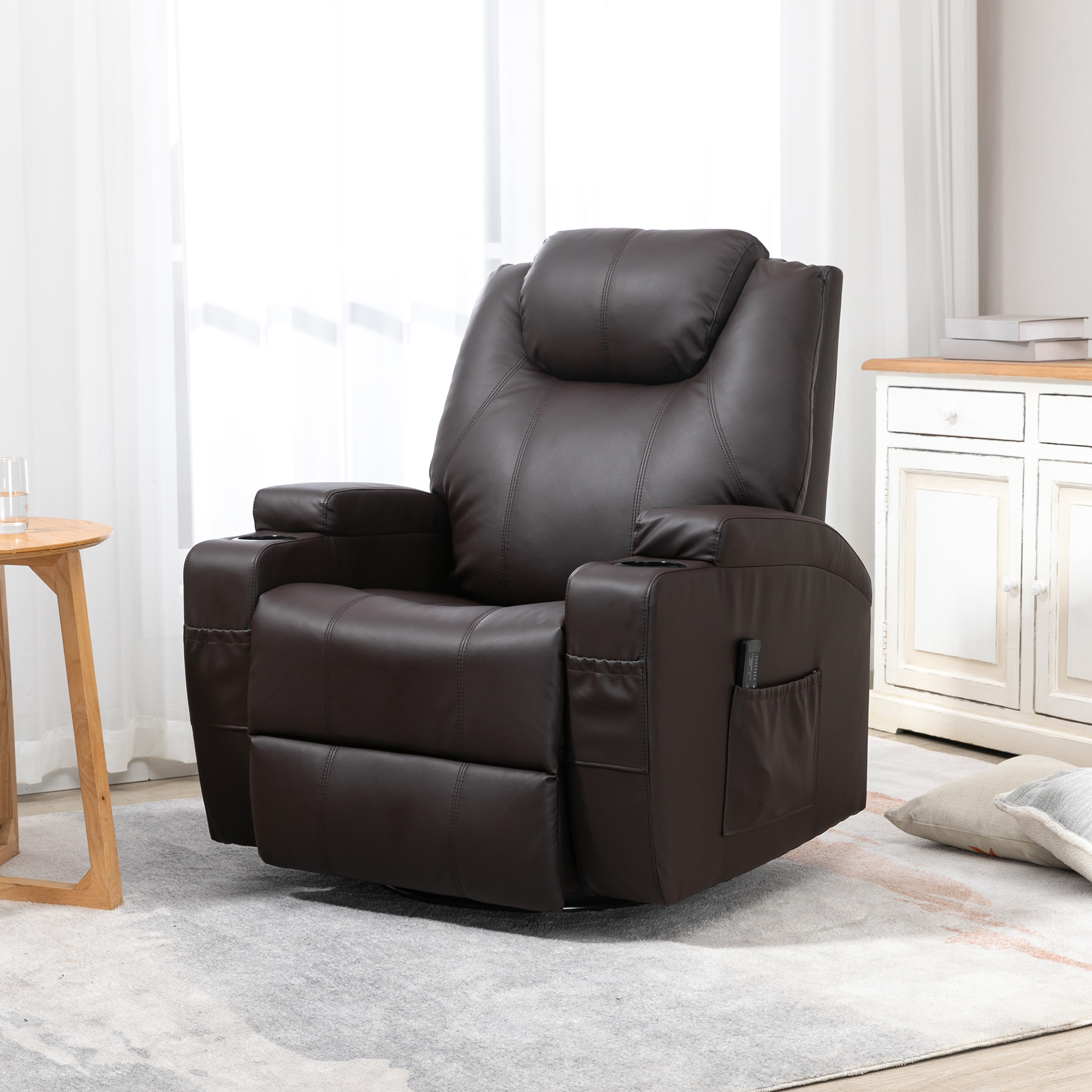 Massage Recliner Chair, Swivel Nursery Rocker Chair, Manual Reclining Sofa with 8 Vibration Points, PU Leather, Cup Holders, Side Pockets, for Living Room, Brown - Image 6