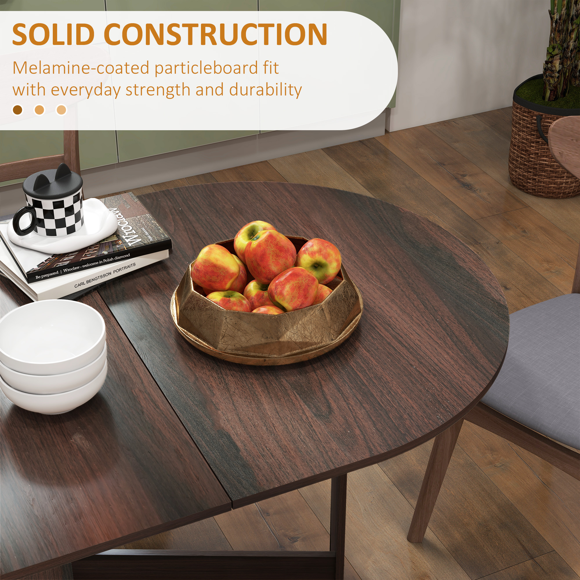 Oval Folding Dining Table, Space Saving Drop Leaf Kitchen Table for Dining Room, Living Room, Distressed Brown - Image 5