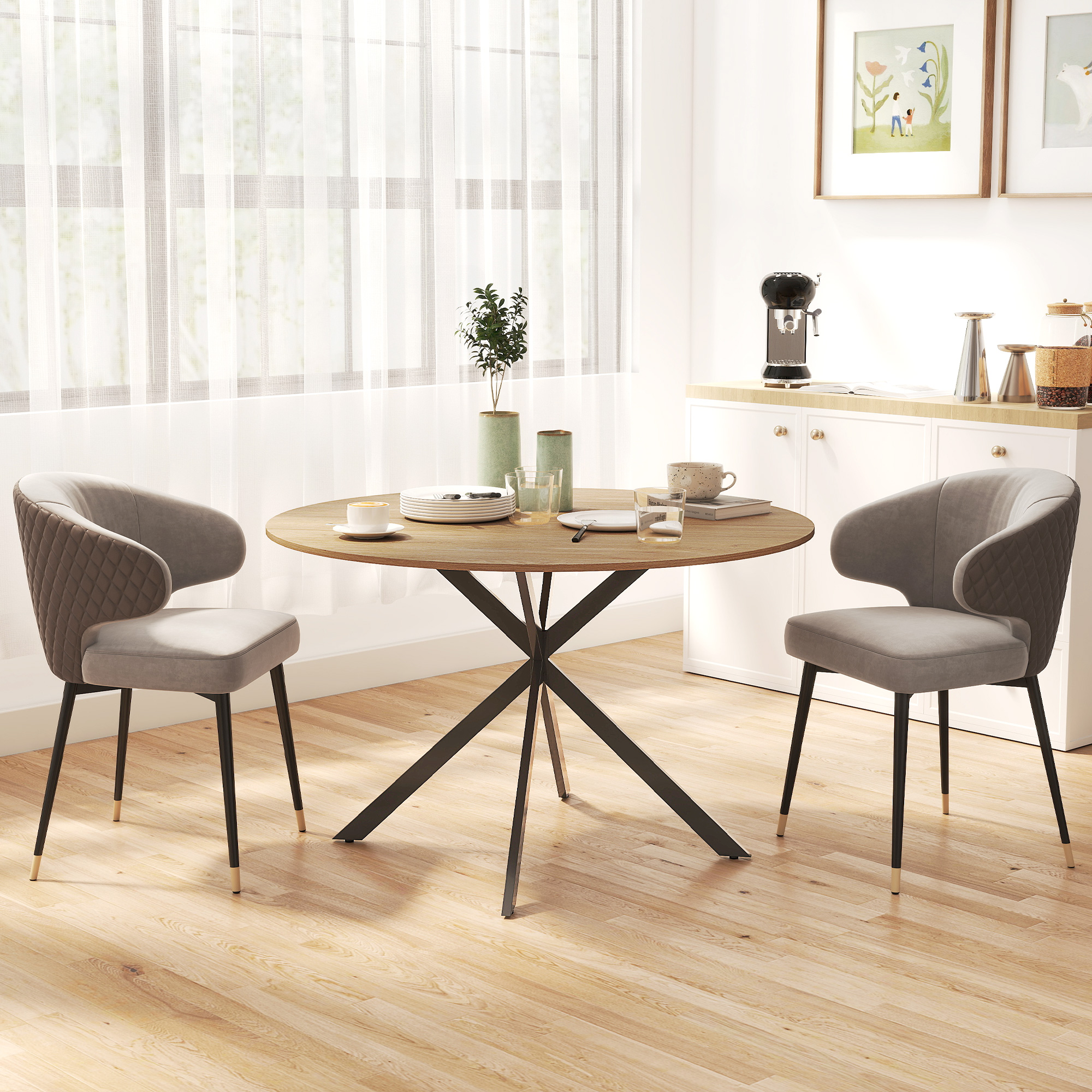 47" Round Kitchen Table for 4, Industrial Dining Table with Steel Legs for Dining Room, Brown and Black - Image 6