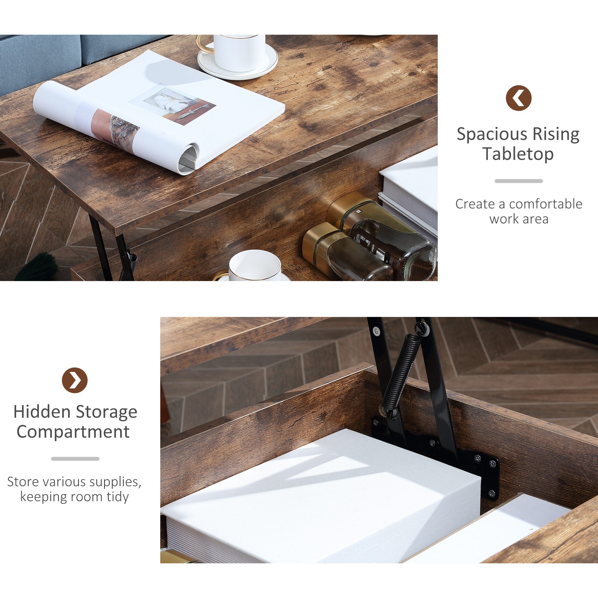 Lift Top Coffee Table with Hidden Storage Compartment Lift Tabletop Center Table for Living Room, Rustic Brown - Image 3