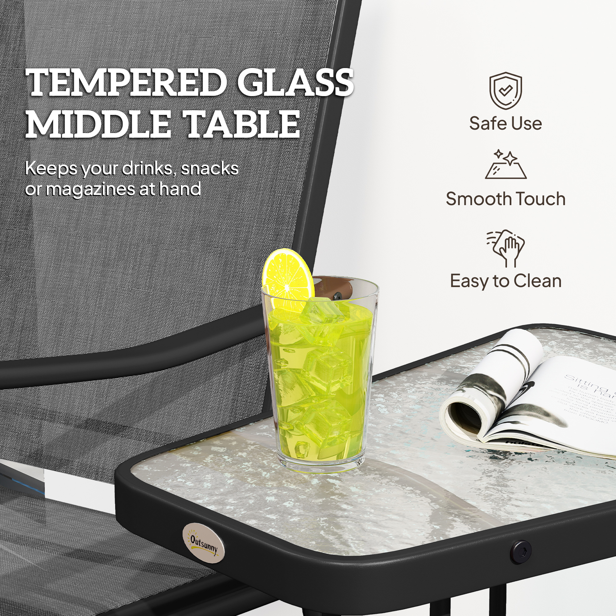 Double Patio Glider Chair with Glass Top Center Table, Outdoor Glider Loveseat with High Back, All Weather Breathable Mesh Fabric for Garden, Backyard, Deck, Black - Image 4