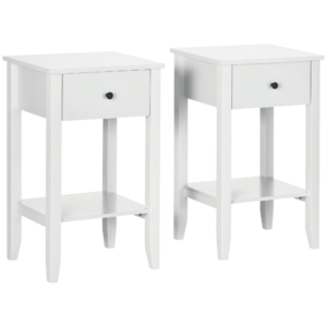 Side Table Set of 2, End Tables with Drawer and Bottom Shelf, 2-tier Nightstand for Bedroom, Living Room, White