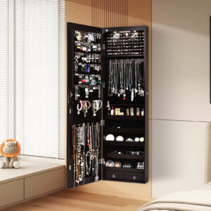Wall And Door Mounted Mirrored Jewelry Cabinet With Lights-Brown