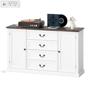 Farmhouse Sideboard with Charging Station, 58" Buffet Cabinet, Kitchen Storage Cabinet with 4 Drawers, 2 Doors, White