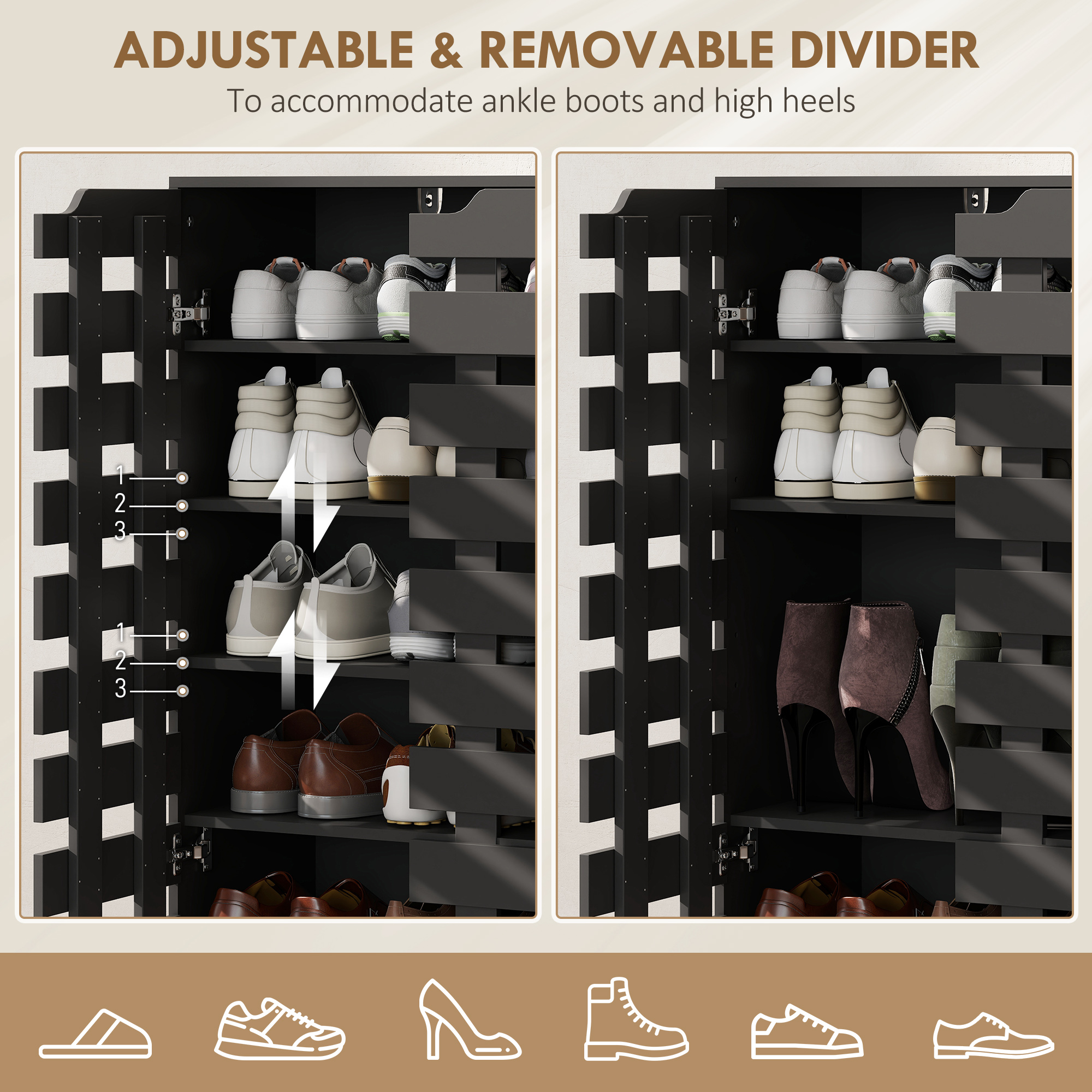 Shoe Cabinet, 20 Pair Shoe Storage Cabinet with Hollowed-Out Doors, Black - Image 3