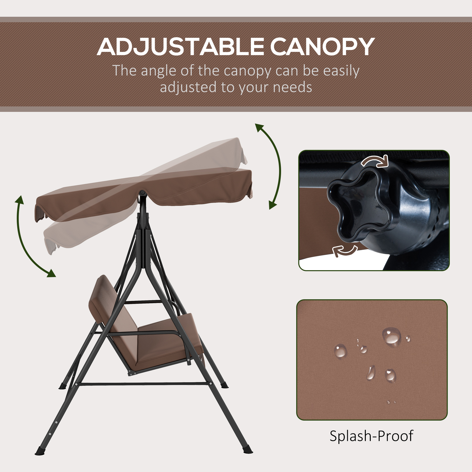3-Seater Outdoor Porch Swing with Adjustable Canopy, Patio Swing Chair for Garden, Poolside, Backyard, Brown - Image 3