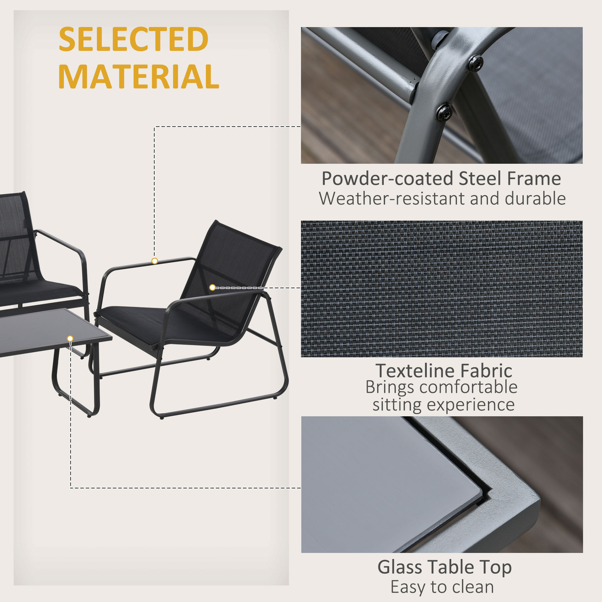 4 Piece Patio Furniture Set, Outdoor Conversation Set with Loveseat Sofa, Armchairs, Glass Top Coffee Table, Black - Image 3
