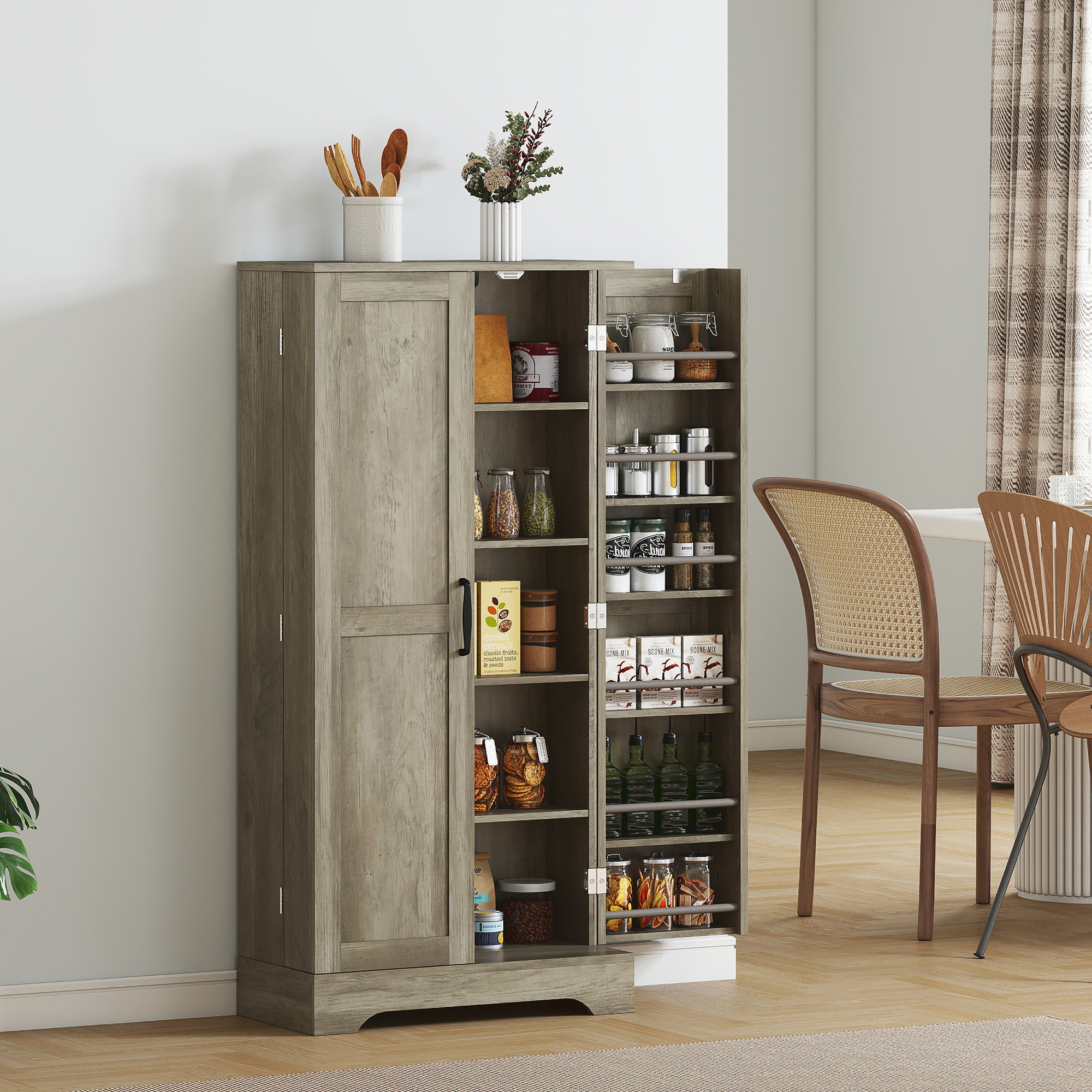 50" Pantry Storage Cabinet, Farmhouse Kitchen Pantry Cabinet with Doors, Adjustable Shelves, Distressed Grey - Image 6