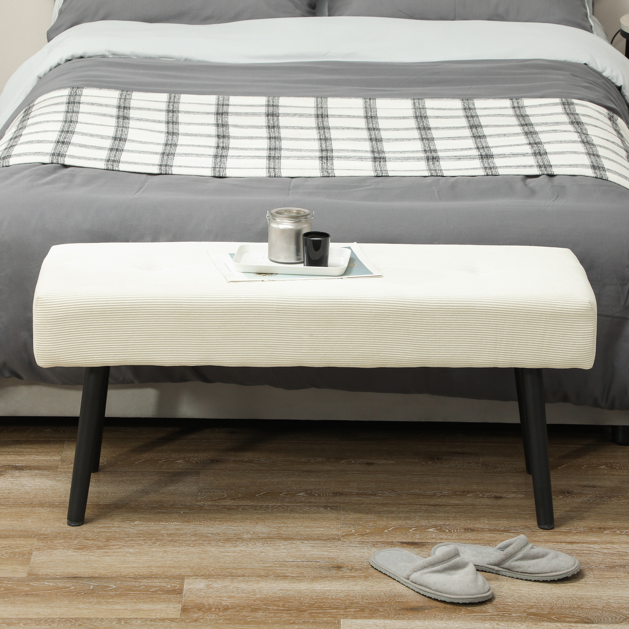 39" Upholstered Ottoman Bench, Corduroy Entryway Bedroom Bench with Padded Seat and Steel Legs for Bedroom, Cream White - Image 5